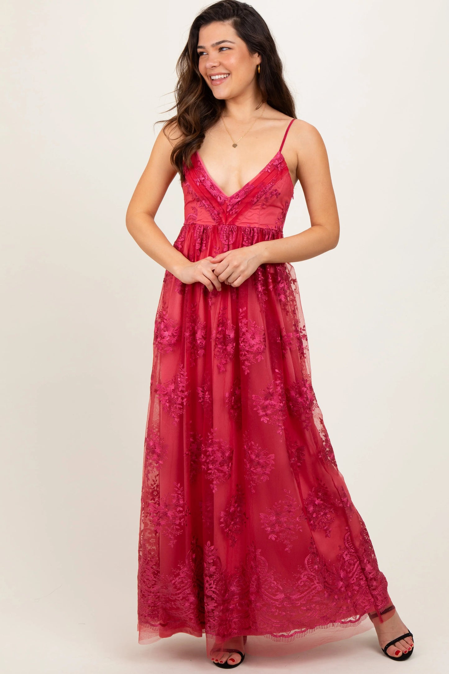 Red Floral Lace Overlay Maternity Maxi Dress PinkBlush