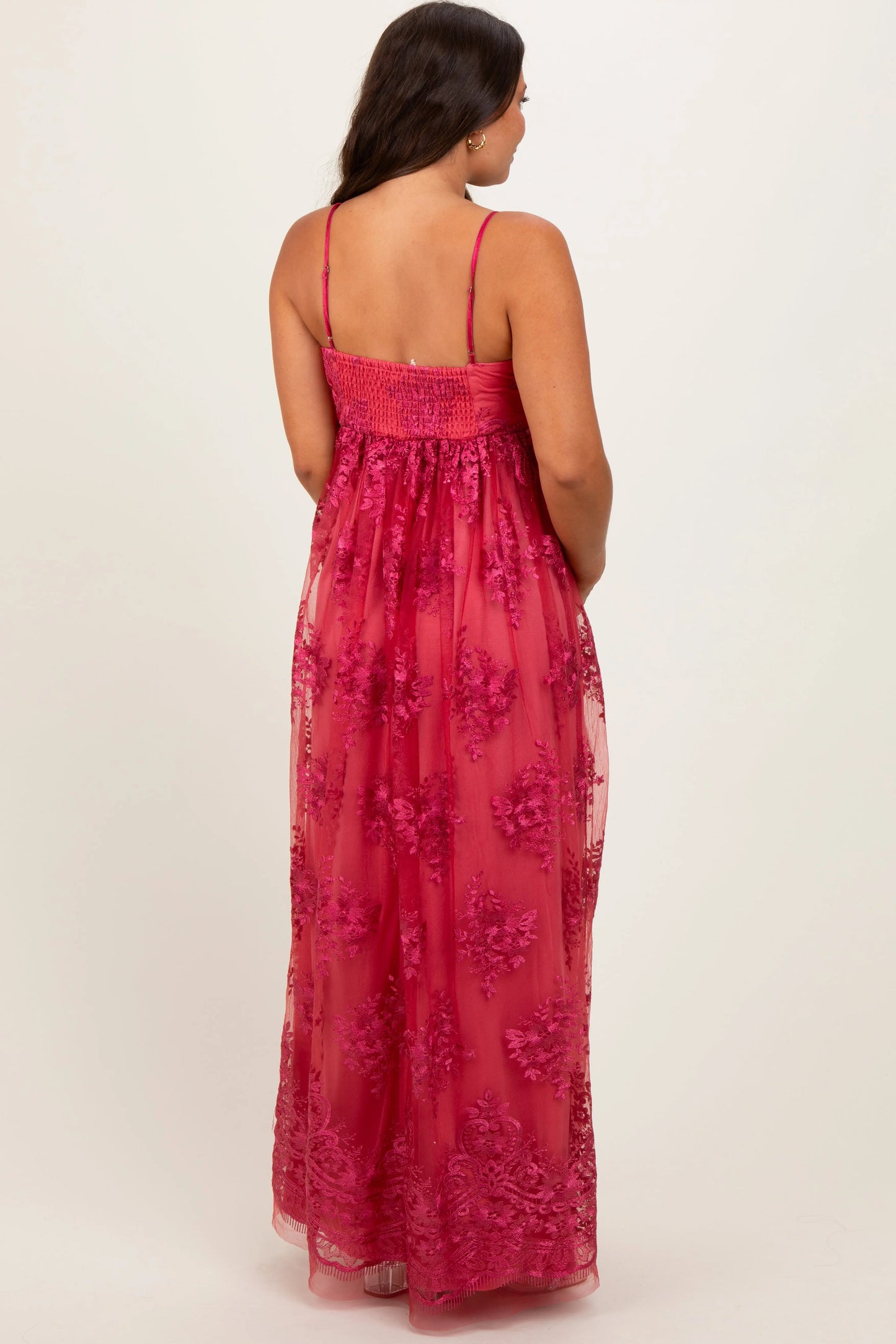 Red Floral Lace Overlay Maternity Maxi Dress PinkBlush