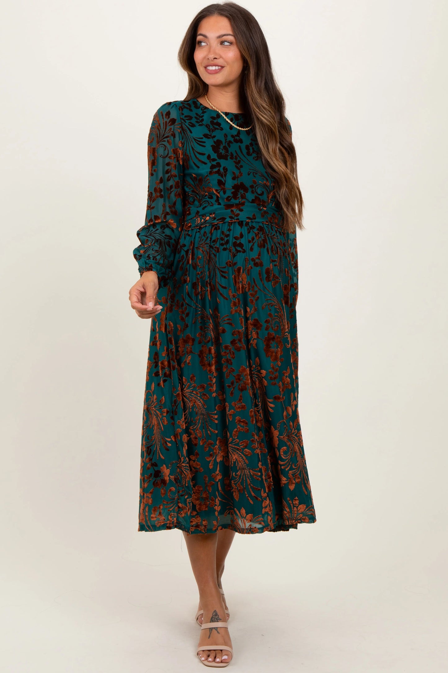 Teal Velvet Floral Overlay Maternity Midi Dress PinkBlush