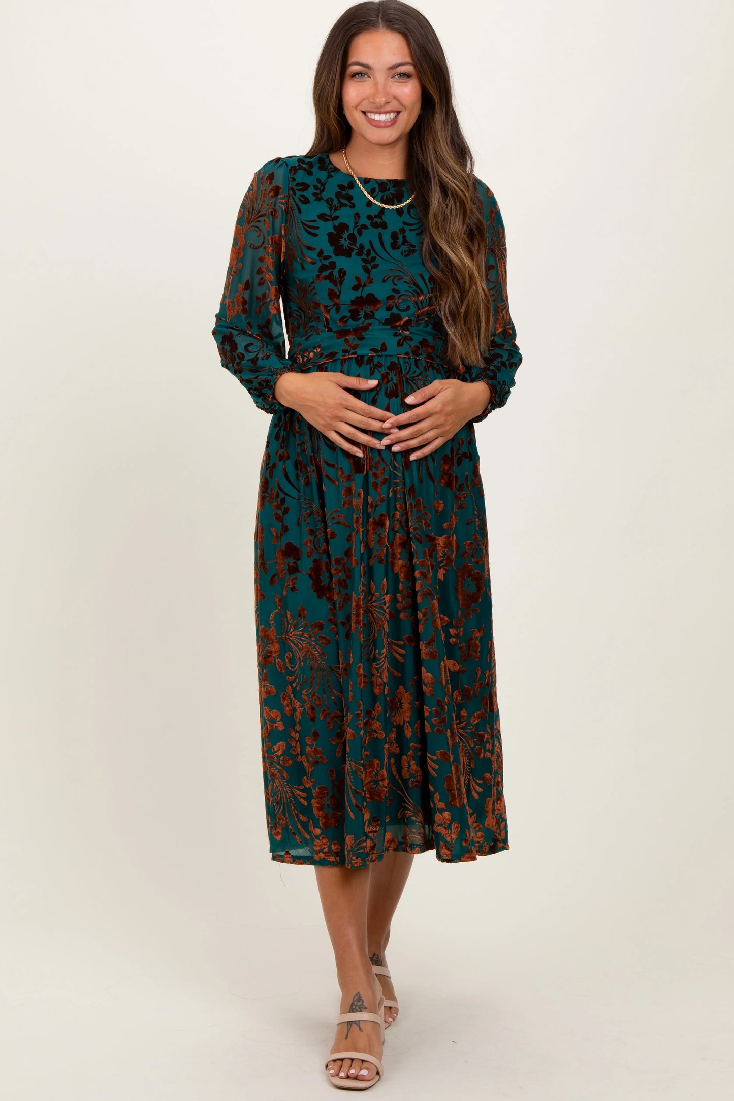 Teal Velvet Floral Overlay Maternity Midi Dress PinkBlush