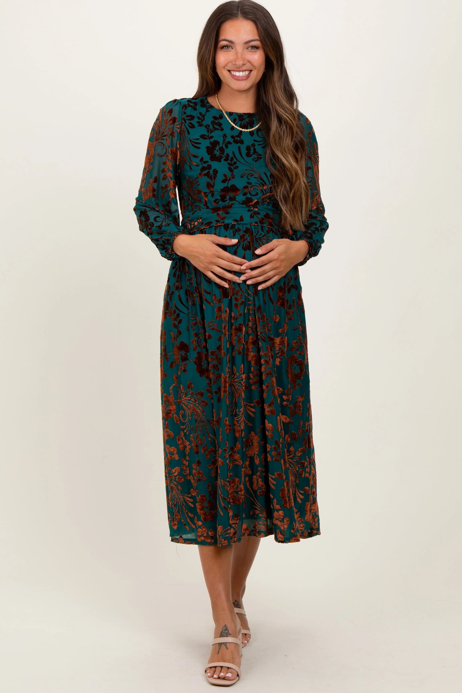 PinkBlush Elegant Teal Velvet Floral Overlay Maternity Midi Dress for Expecting Mothers - Apparel & Accessories > Clothing > Maternity Clothing > Maternity Dresses Apparel & Accessories > Clothing > Dresses