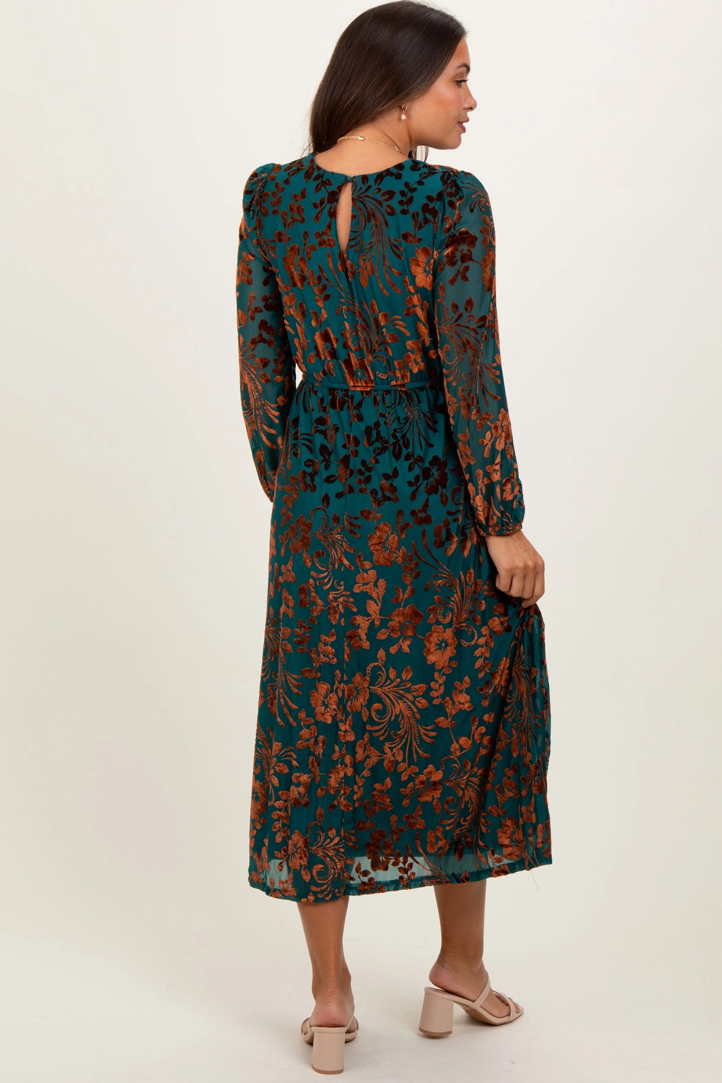 Teal Velvet Floral Overlay Maternity Midi Dress PinkBlush