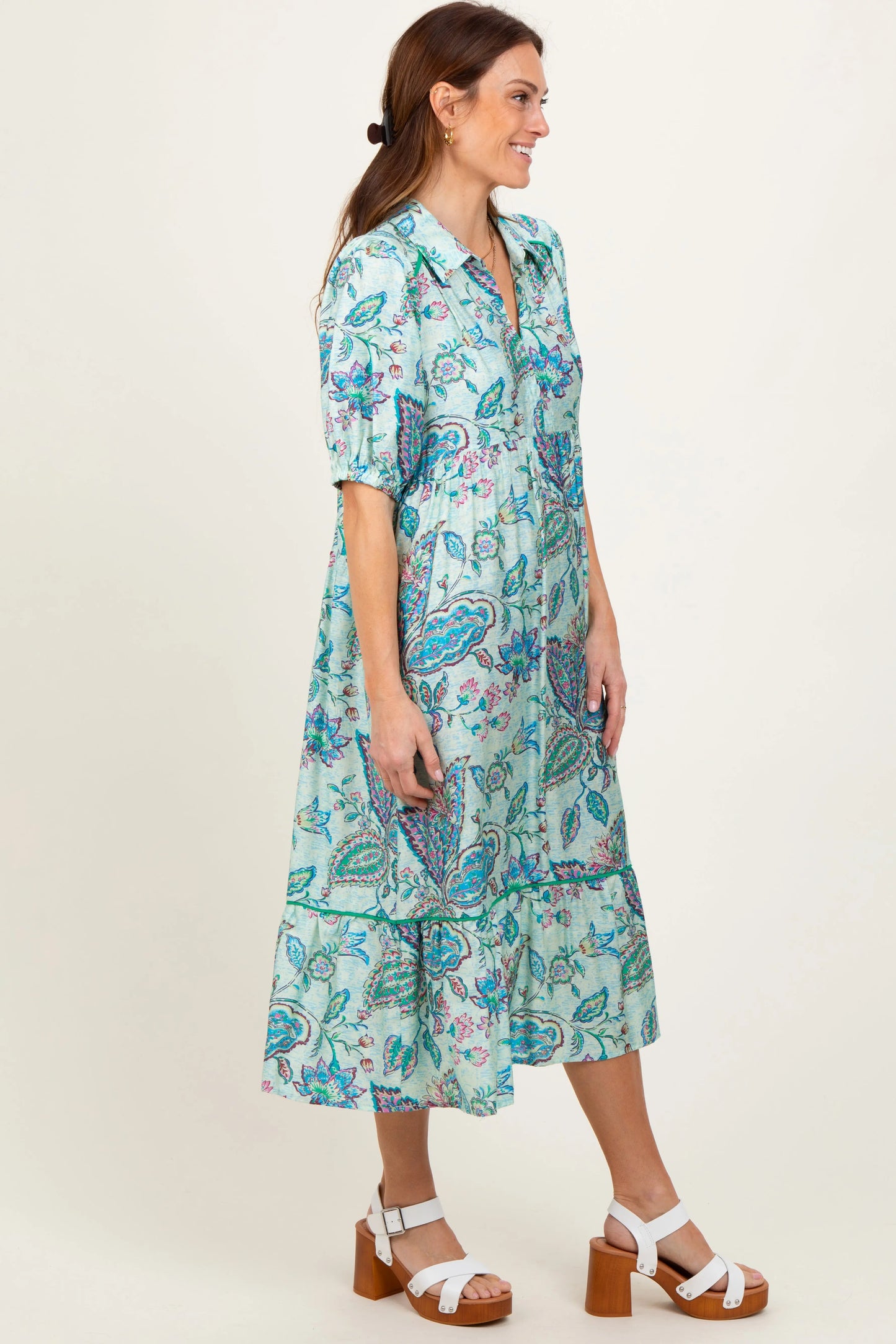 PinkBlush Aqua Paisley Midi Dress with Ruffle Hem for Stylish Daytime Wear - Apparel & Accessories > Clothing > Dresses Apparel & Accessories > Clothing > Dresses