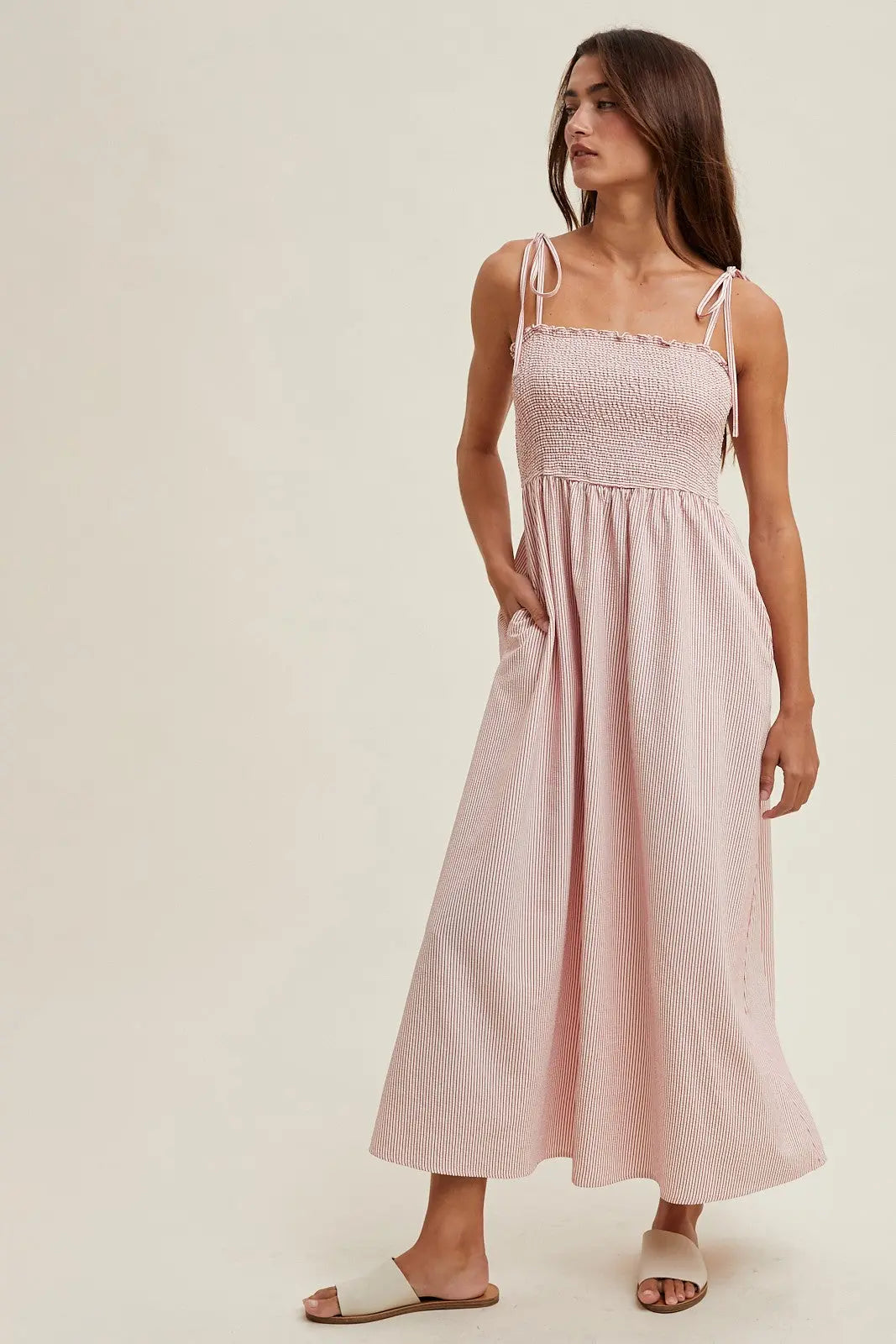 Red Striped Shoulder Tie Smocked Maternity Maxi Dress with Pockets PinkBlush