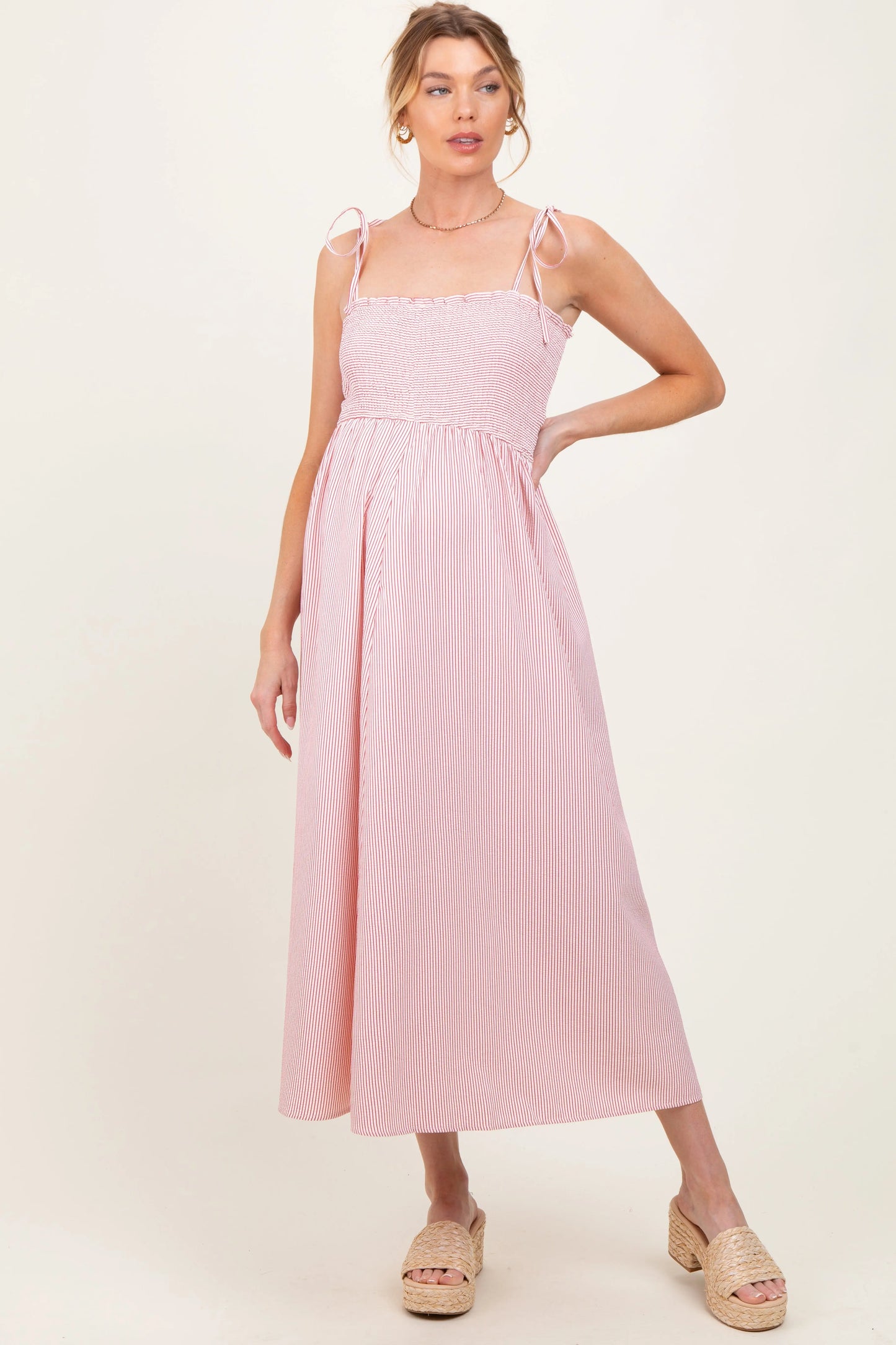 Red Striped Shoulder Tie Smocked Maternity Maxi Dress with Pockets PinkBlush