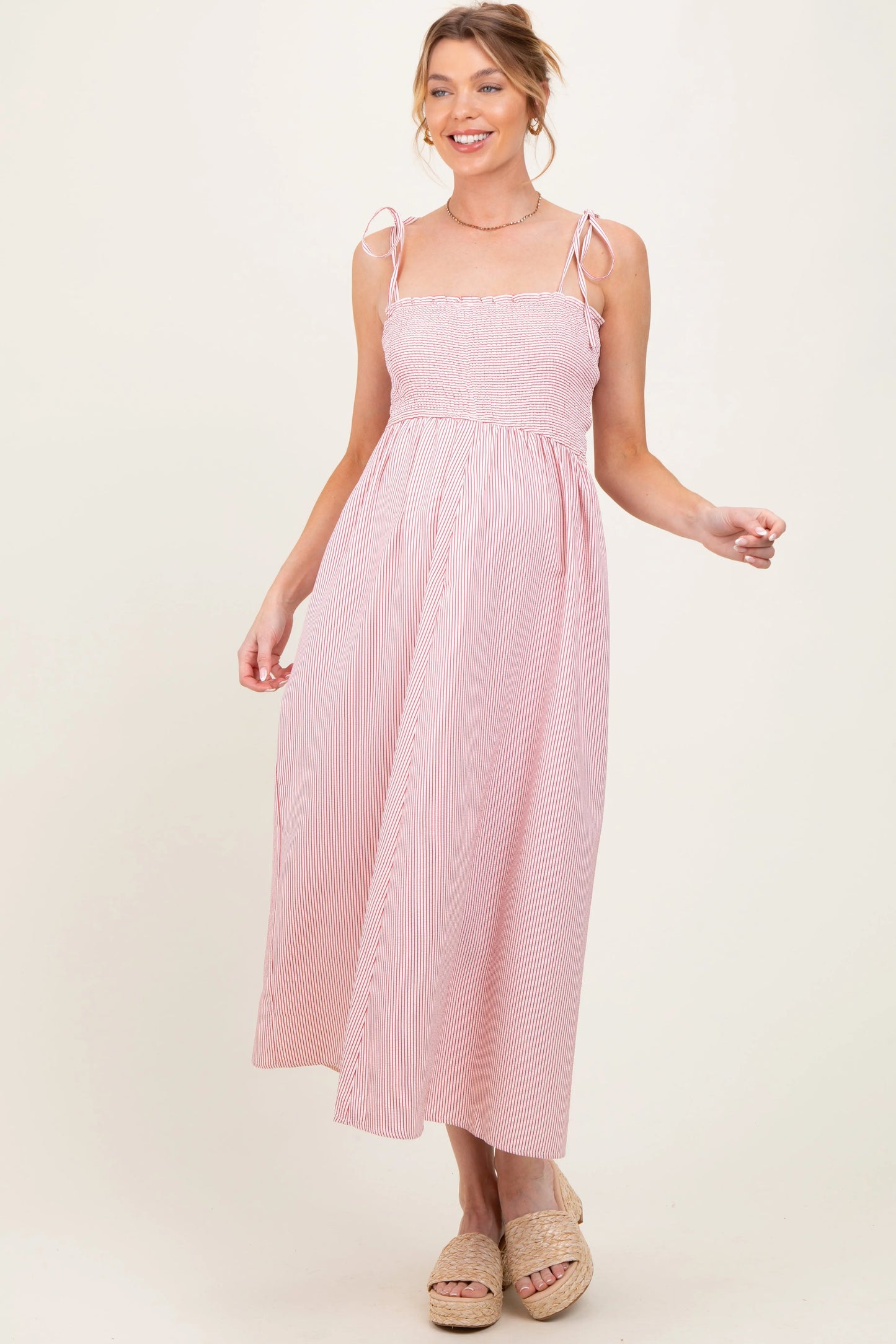 Red Striped Shoulder Tie Smocked Maternity Maxi Dress with Pockets PinkBlush
