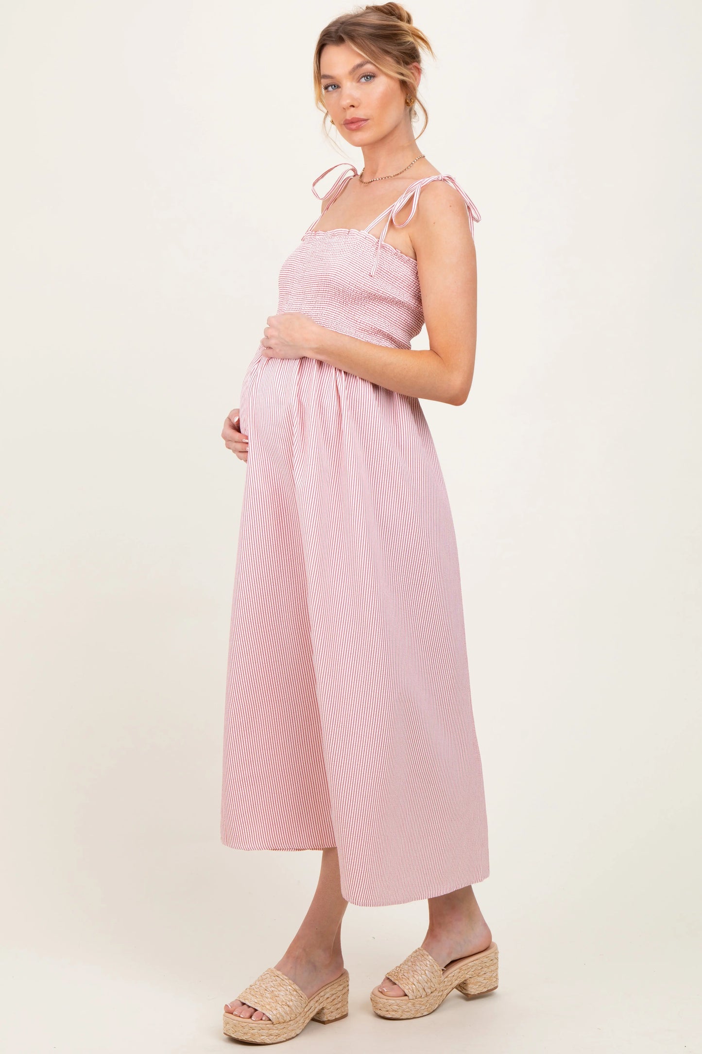 Red Striped Shoulder Tie Smocked Maternity Maxi Dress with Pockets PinkBlush