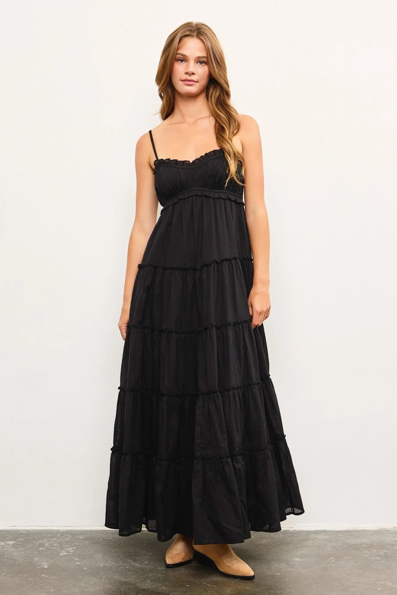 Black Shirred Bust Ruffle Tiered Maternity Maxi Dress Double Lined for Sheerness Prevention PinkBlush