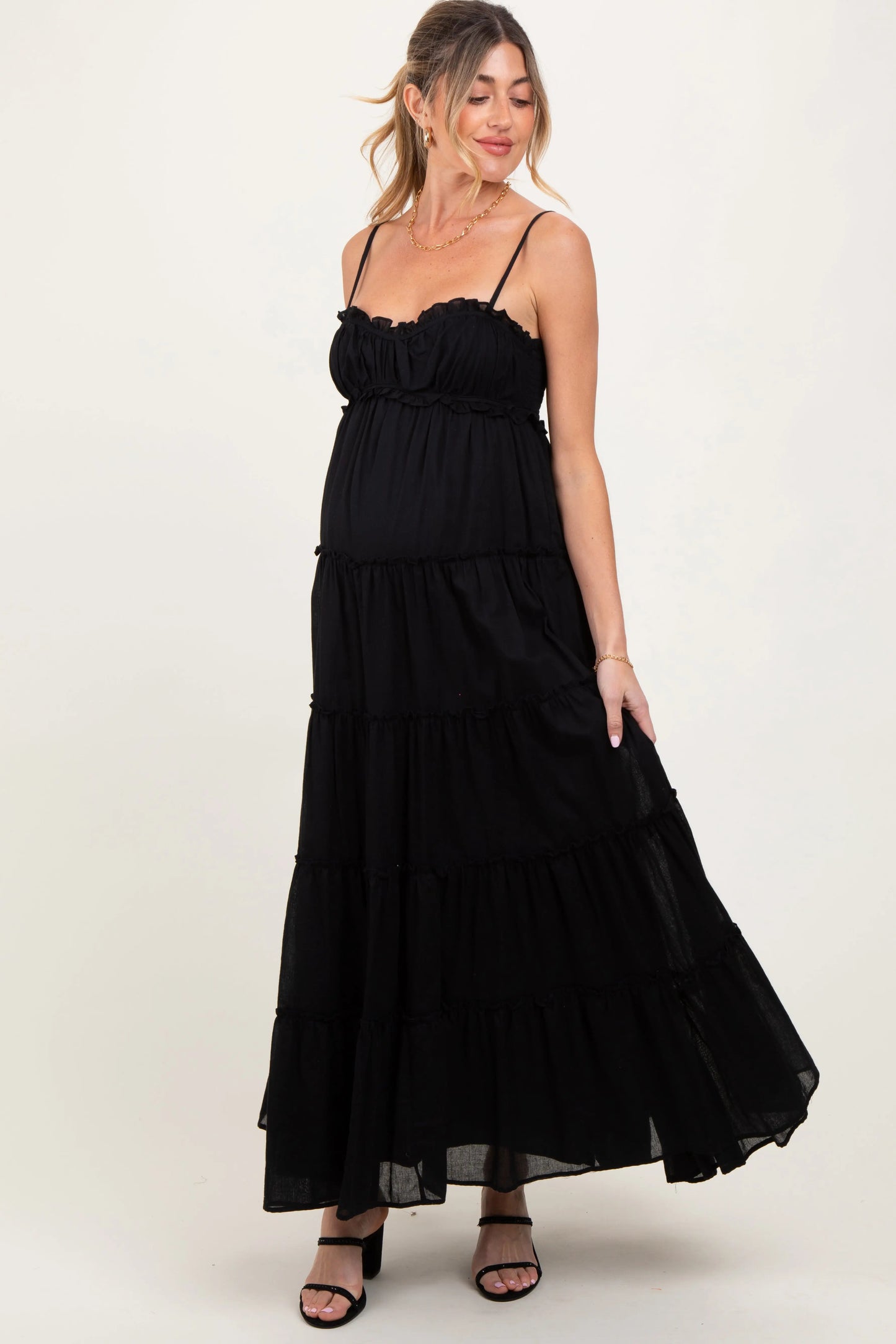 Black Shirred Bust Ruffle Tiered Maternity Maxi Dress Double Lined for Sheerness Prevention PinkBlush