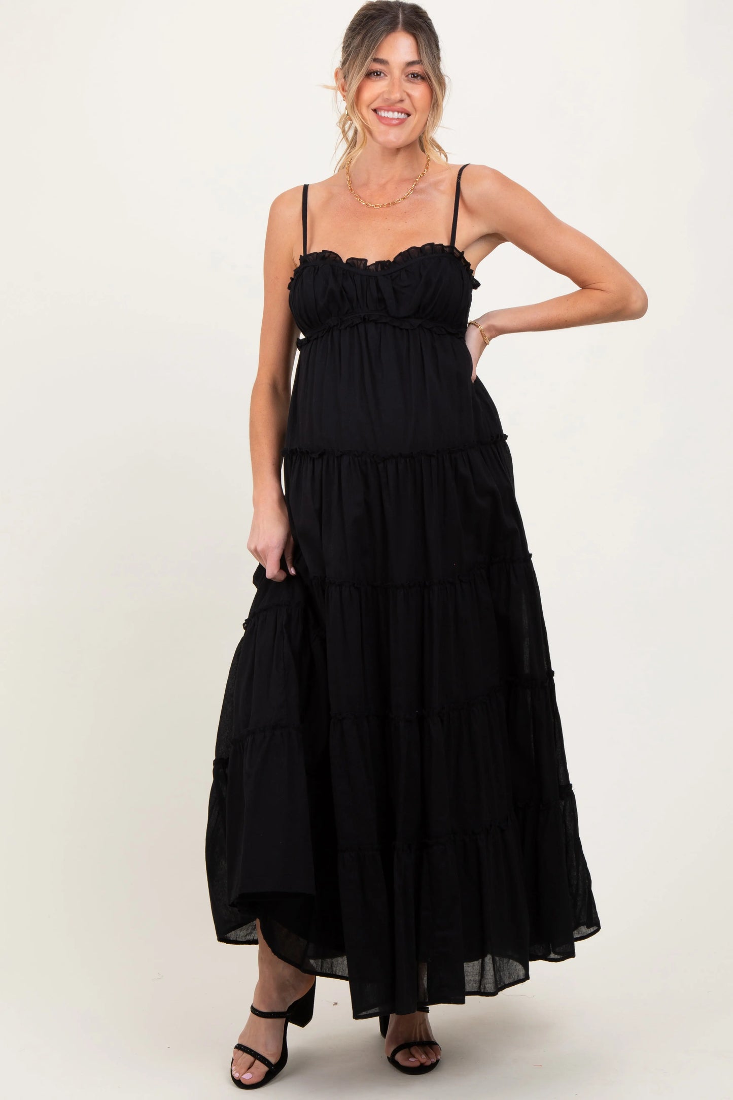 Black Shirred Bust Ruffle Tiered Maternity Maxi Dress Double Lined for Sheerness Prevention PinkBlush
