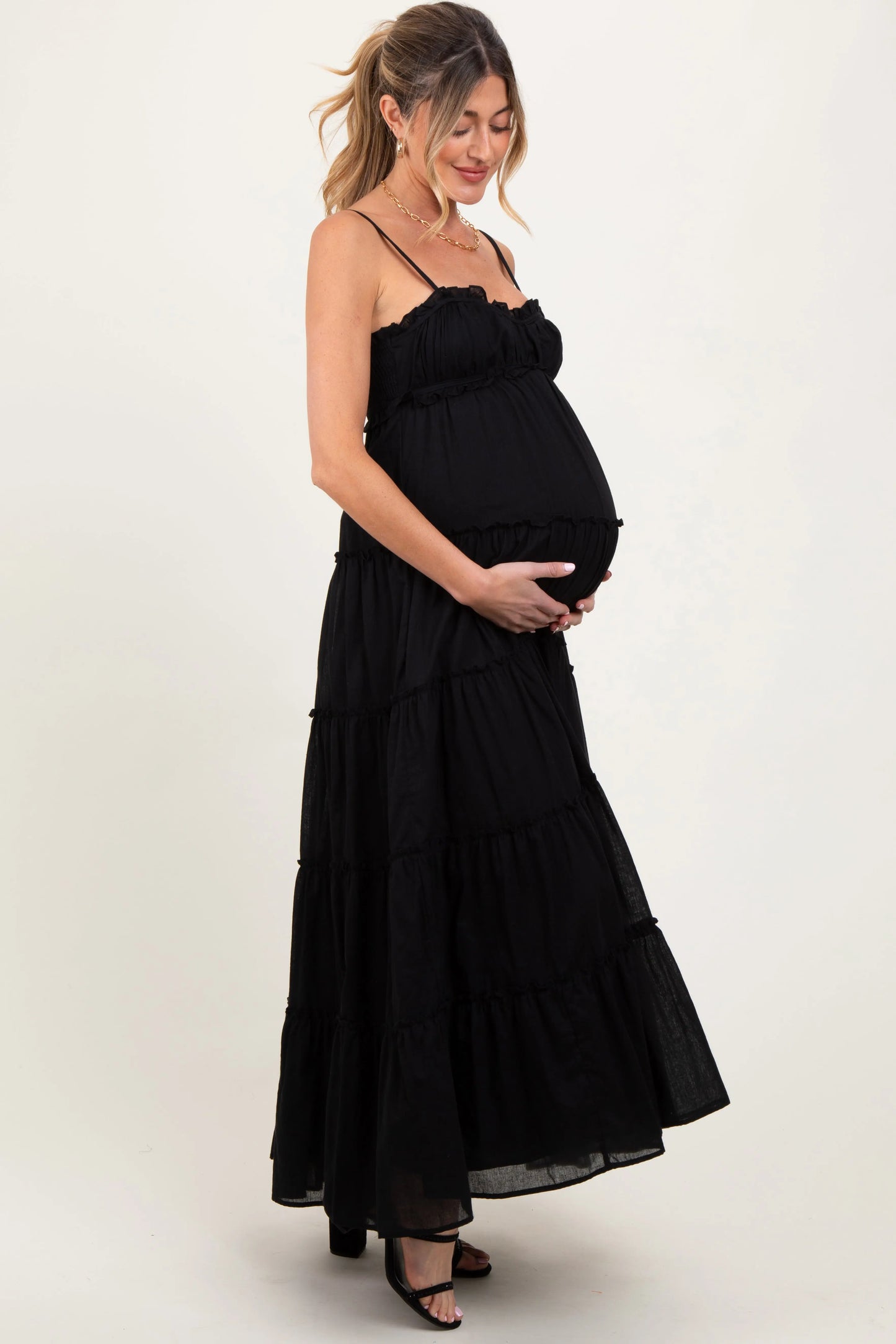 Black Shirred Bust Ruffle Tiered Maternity Maxi Dress Double Lined for Sheerness Prevention PinkBlush
