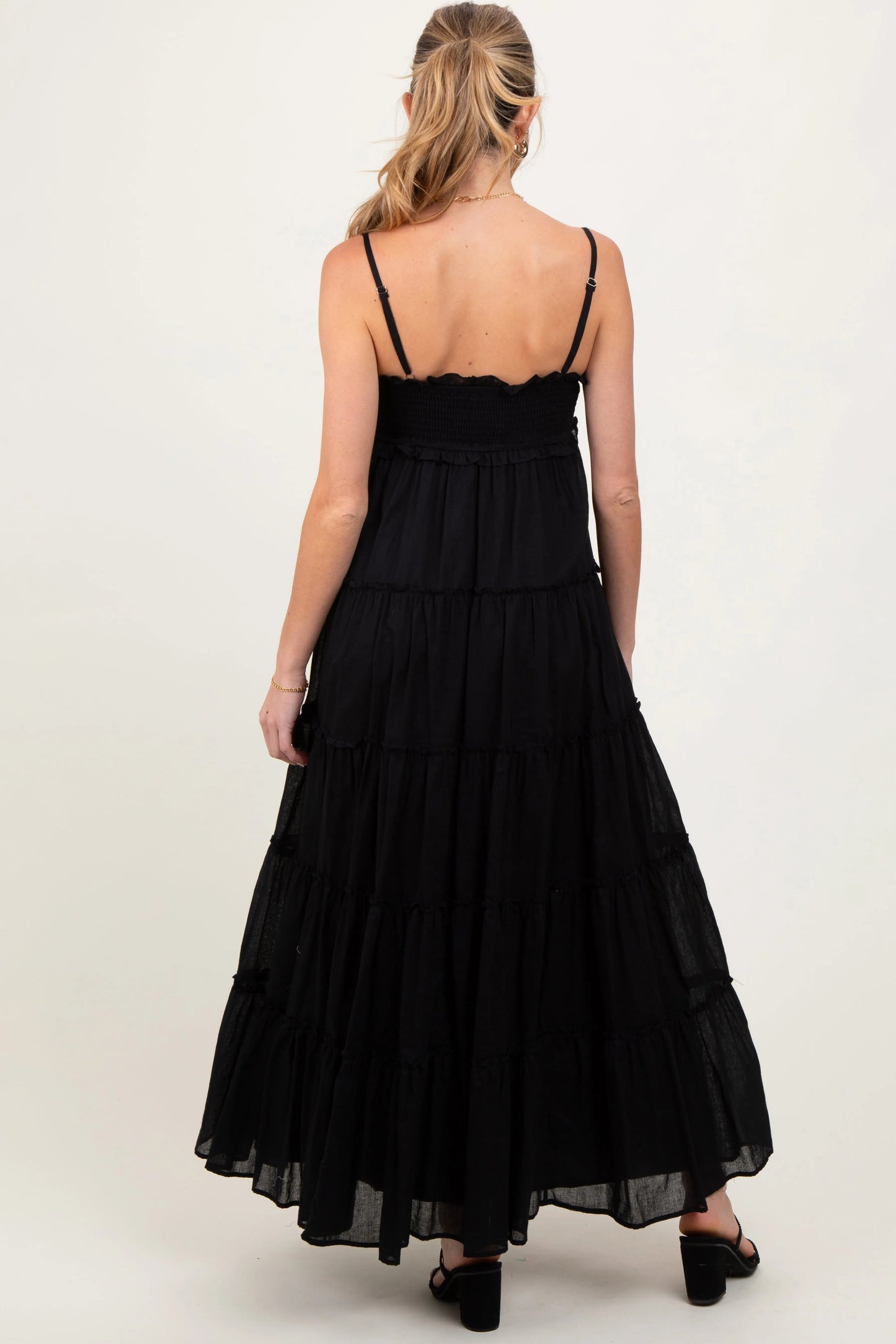 Black Shirred Bust Ruffle Tiered Maternity Maxi Dress Double Lined for Sheerness Prevention PinkBlush