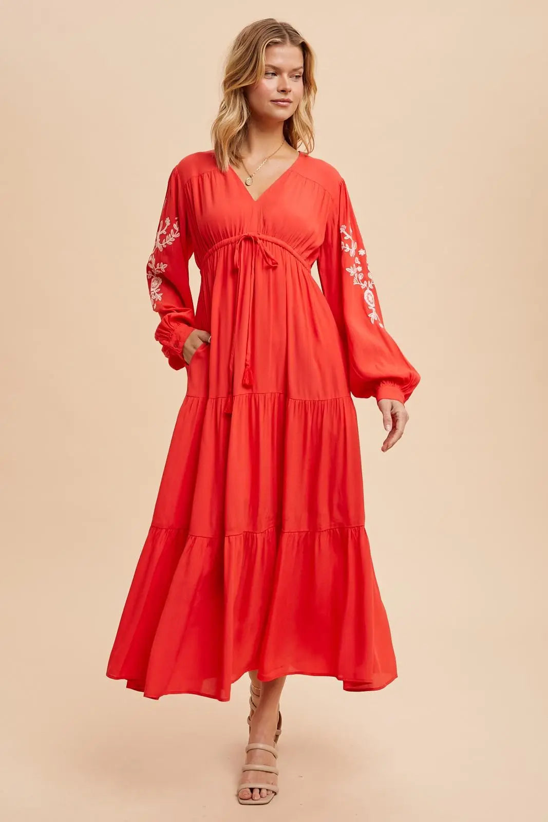 PinkBlush Elegant Red Embroidered Maxi Dress with Long Sleeves for Women - Apparel & Accessories > Clothing > Dresses