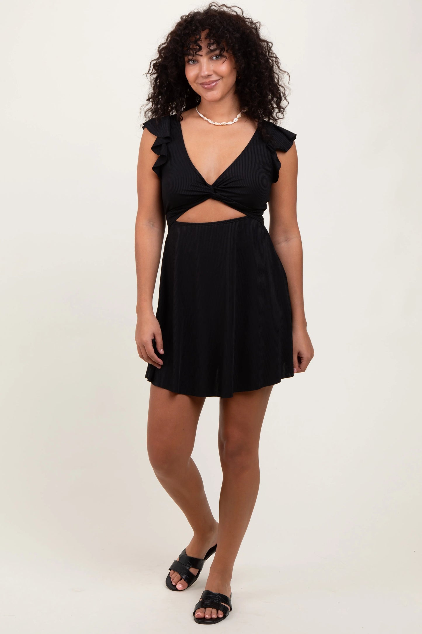 Black Ribbed Ruffle Twist Front Swim Dress PinkBlush