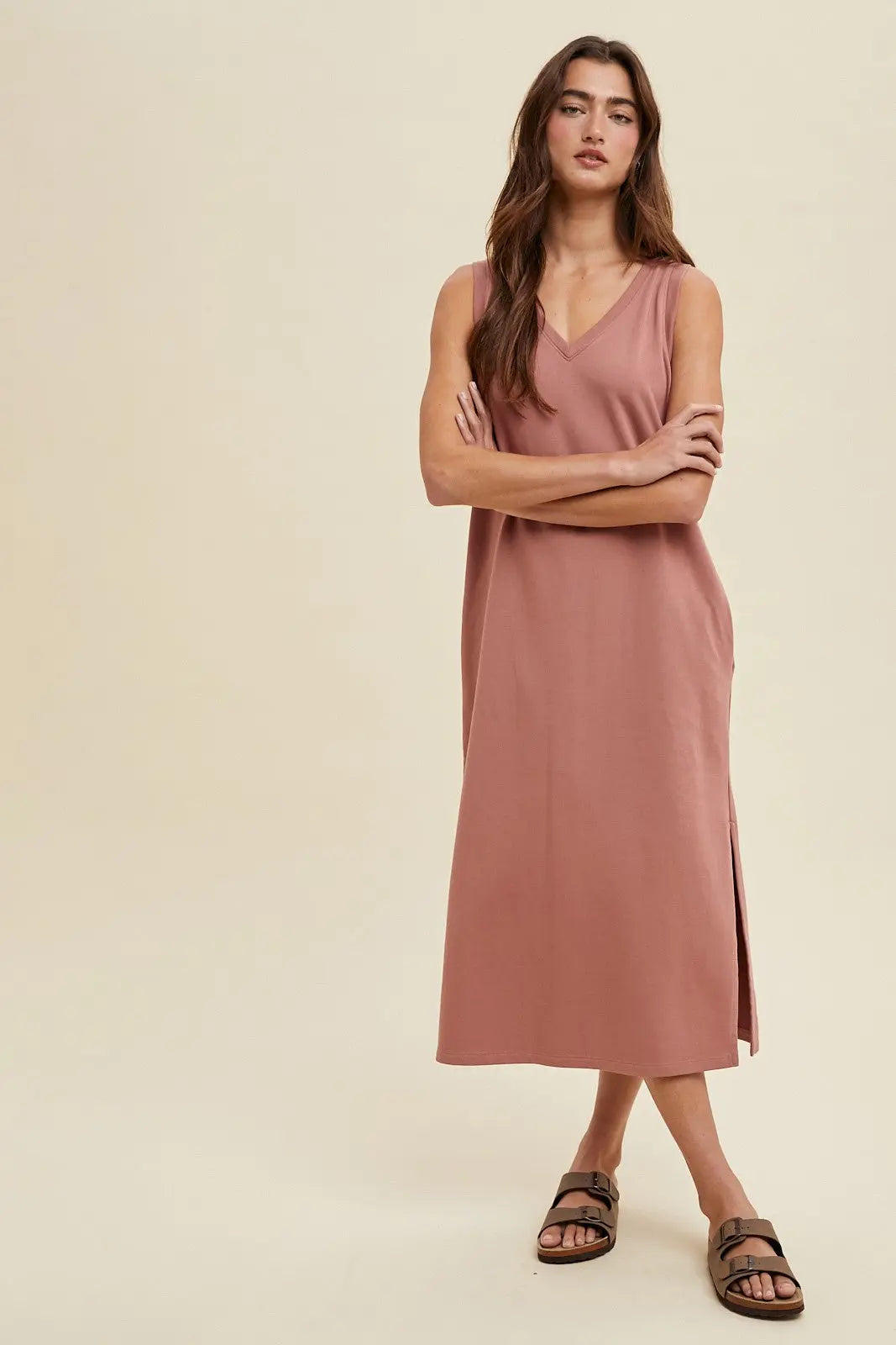 Rust V Neck Sleeveless Side Slit Maternity Midi Dress PinkBlush