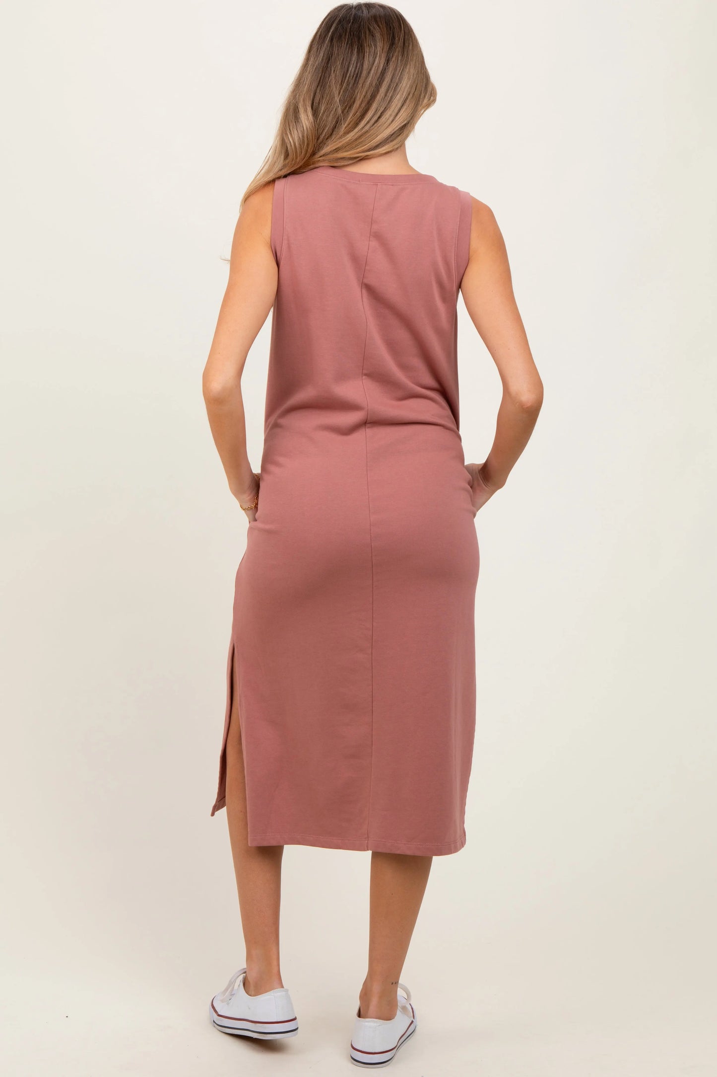 Rust V Neck Sleeveless Side Slit Maternity Midi Dress PinkBlush