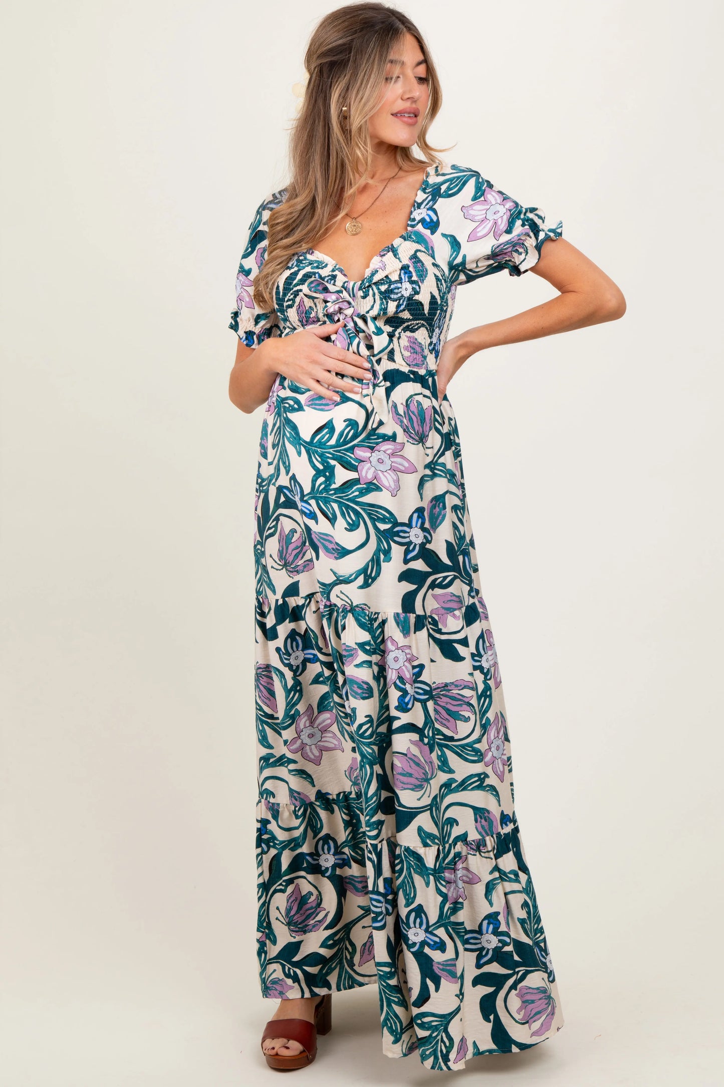 Teal Floral Smocked Front Tie Maternity Maxi Dress PinkBlush
