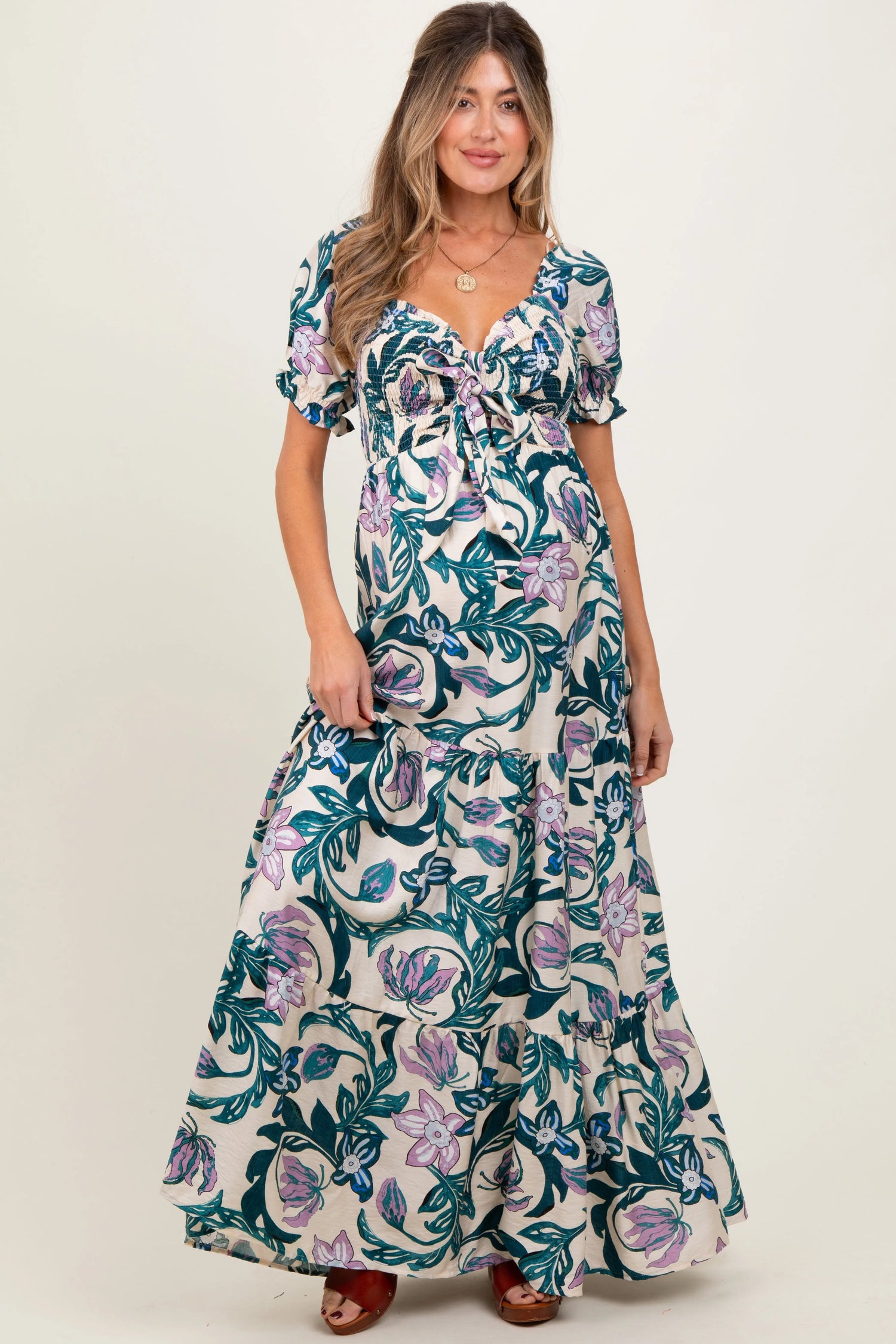 PinkBlush PinkBlush Teal Floral Smocked Front Tie Maternity Maxi Dress for Moms - Apparel & Accessories > Clothing > Maternity Clothing > Maternity Dresses Apparel & Accessories > Clothing > Dresses