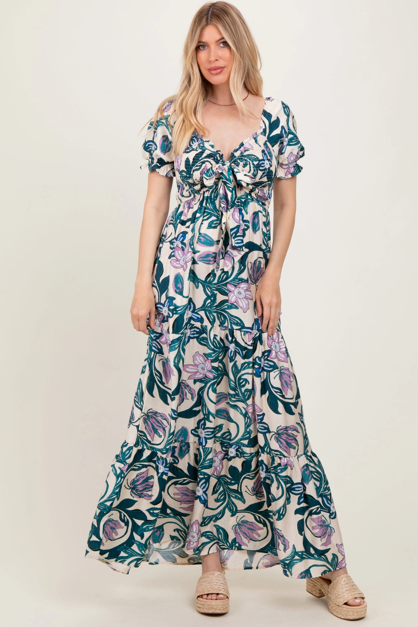 Teal Floral Smocked Front Tie Maternity Maxi Dress PinkBlush