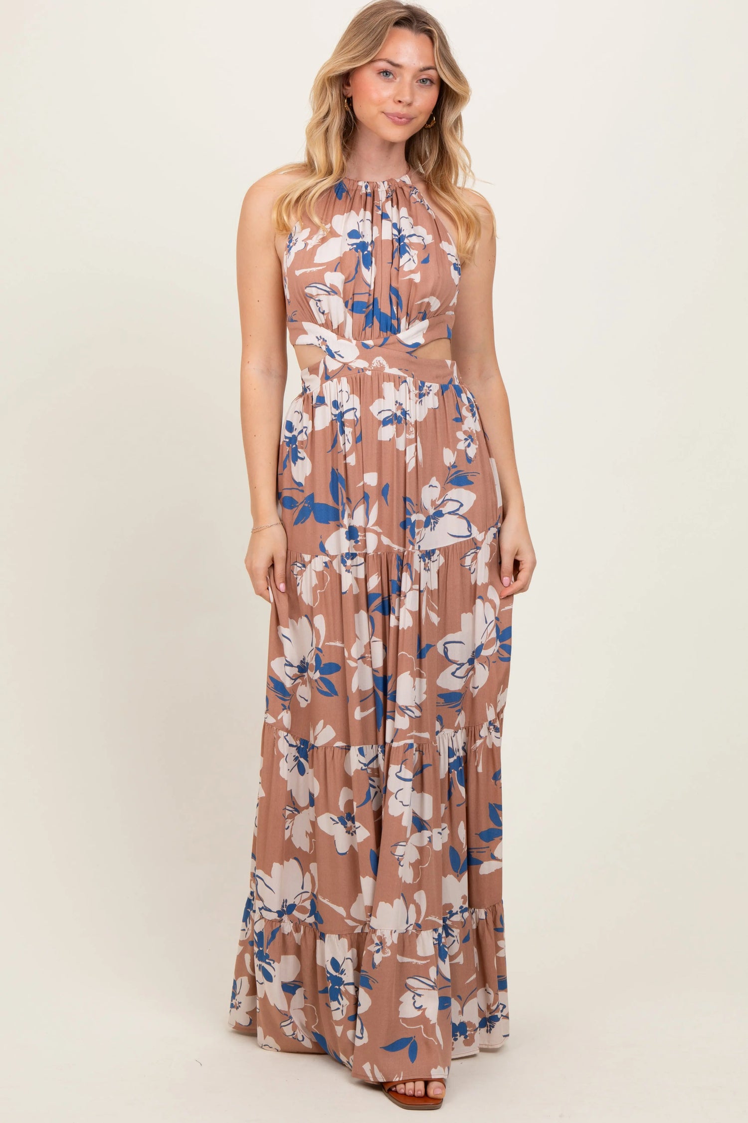 PinkBlush Elegant Taupe Floral Halter Maxi Dress with Side Cutouts for Summer Events - Apparel & Accessories > Clothing > Dresses