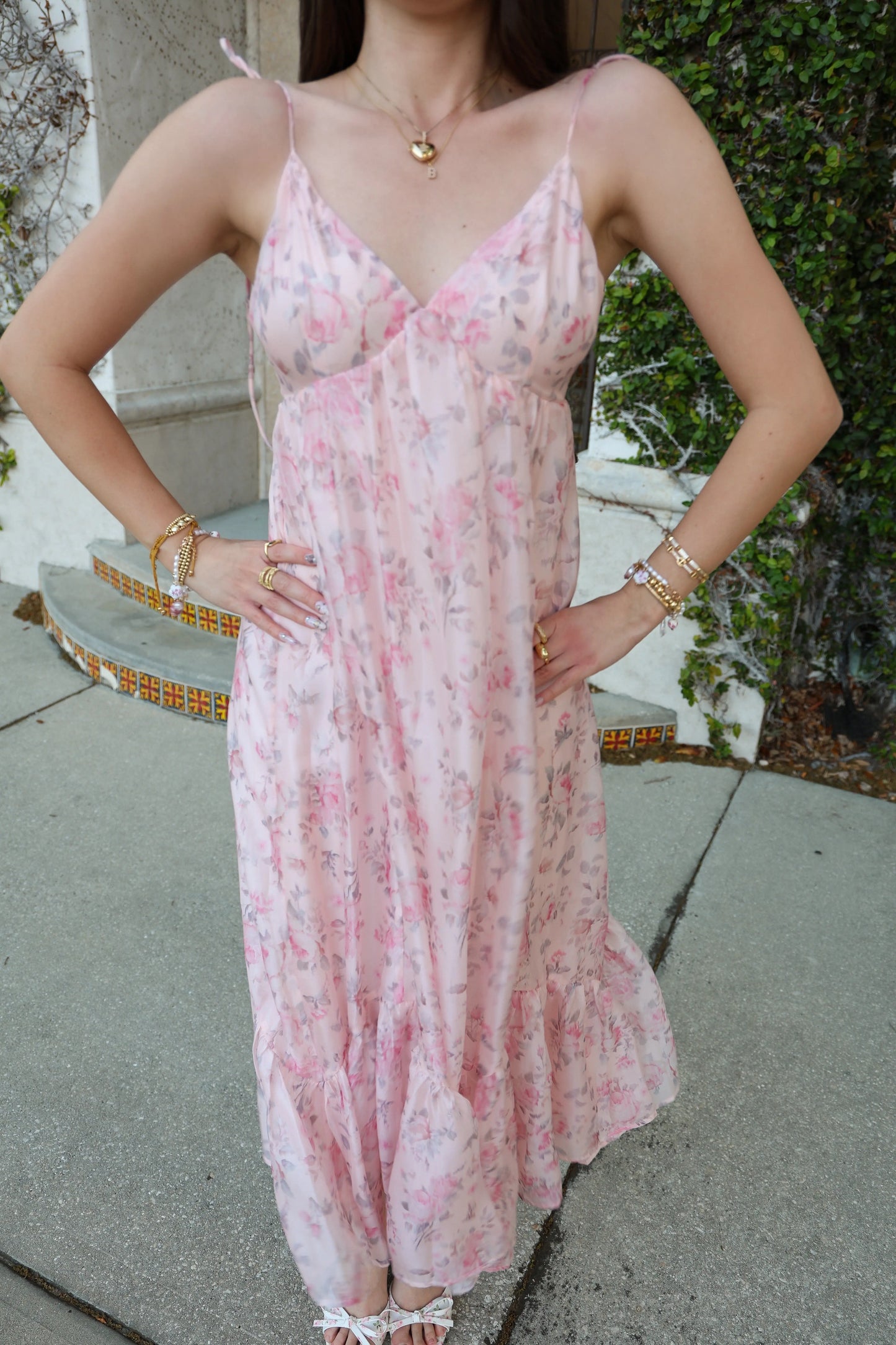 Pink Floral Satin Ruffle Hem Maxi Dress PinkBlush