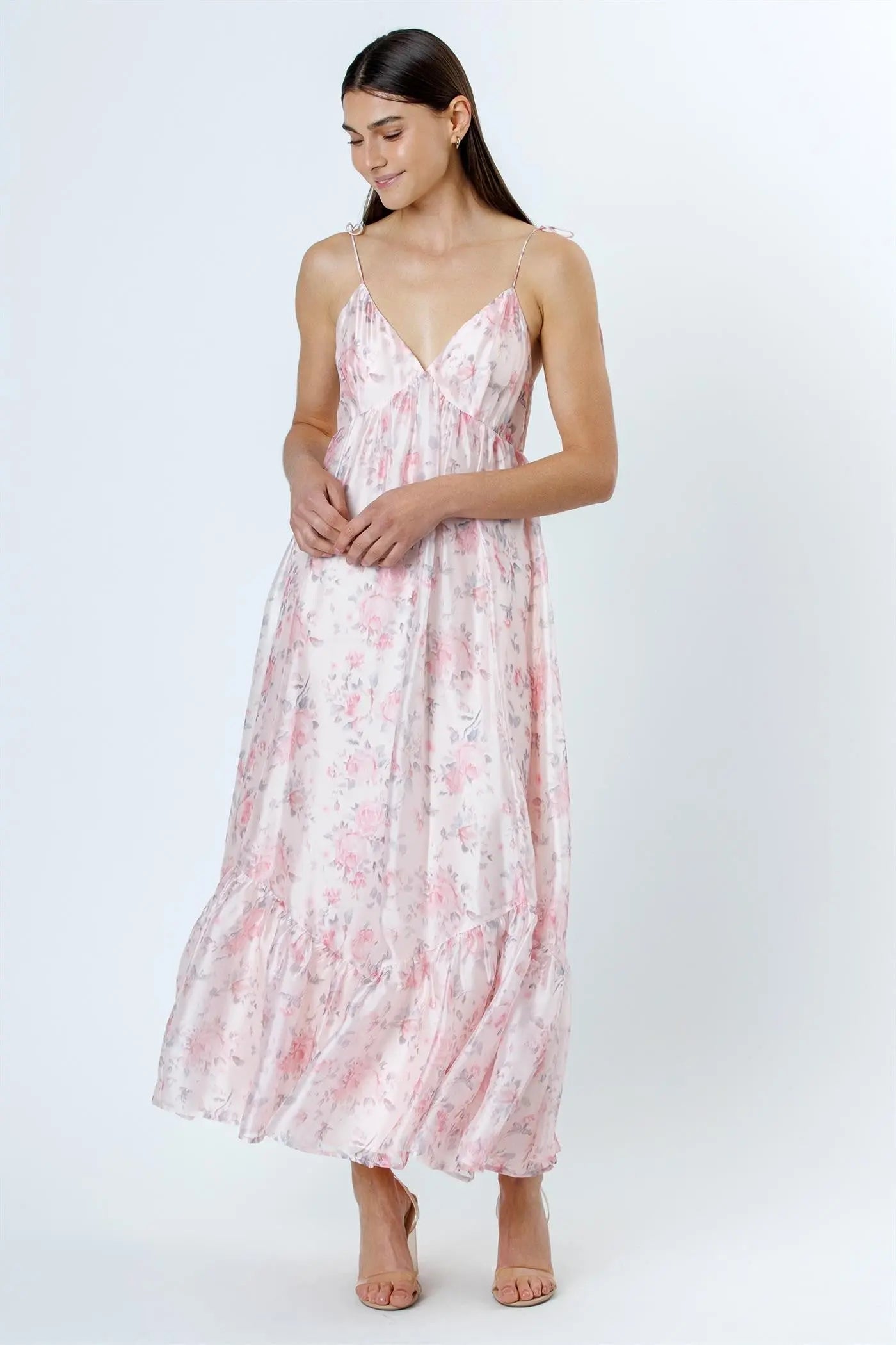 Pink Floral Satin Ruffle Hem Maxi Dress PinkBlush