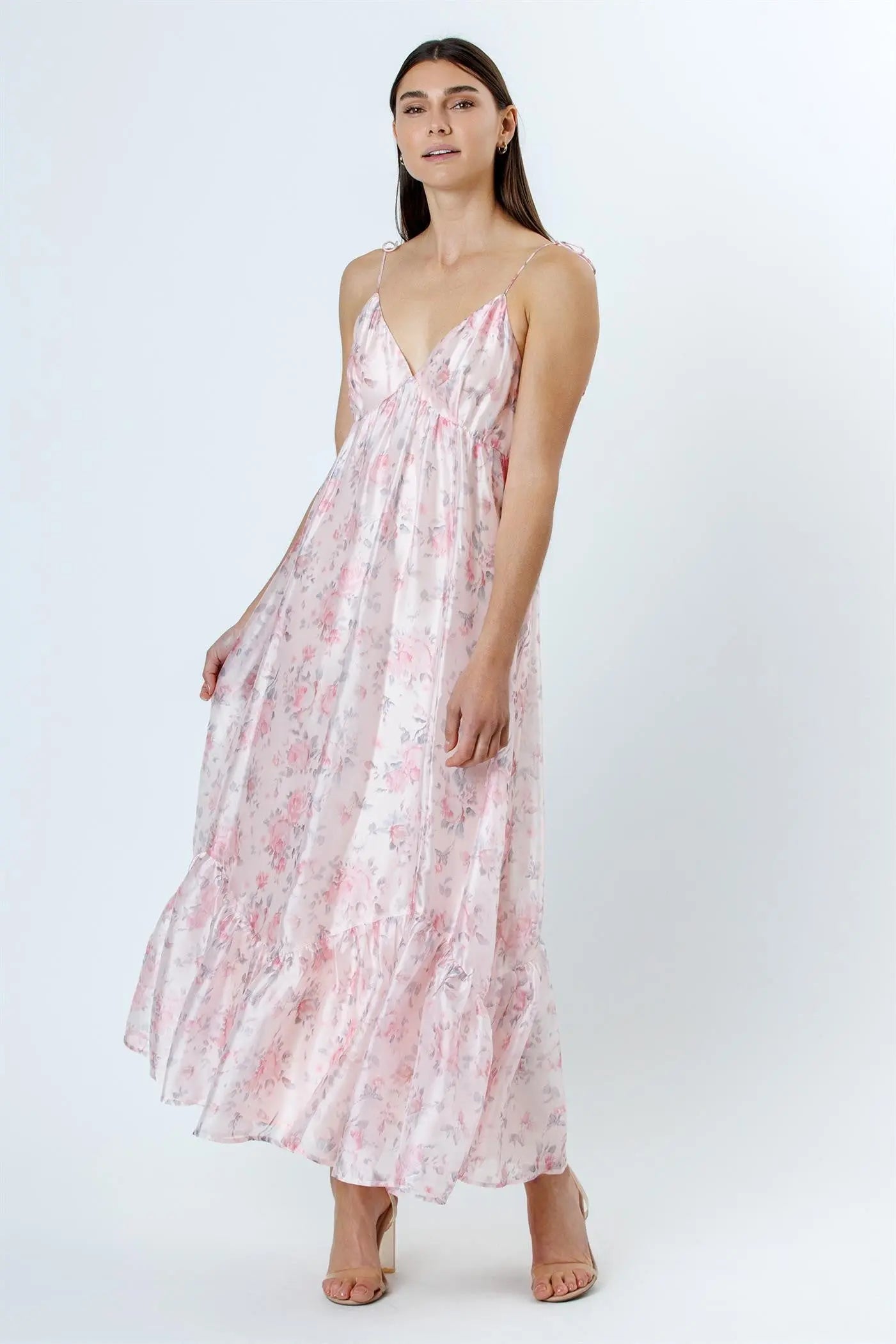 Pink Floral Satin Ruffle Hem Maxi Dress PinkBlush