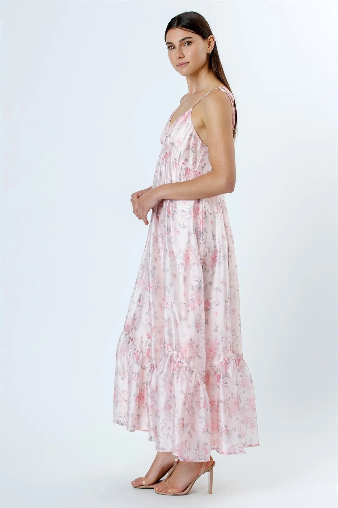 Pink Floral Satin Ruffle Hem Maxi Dress PinkBlush