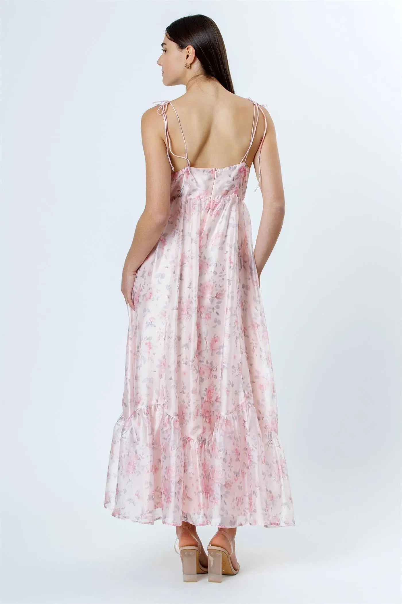 Pink Floral Satin Ruffle Hem Maxi Dress PinkBlush