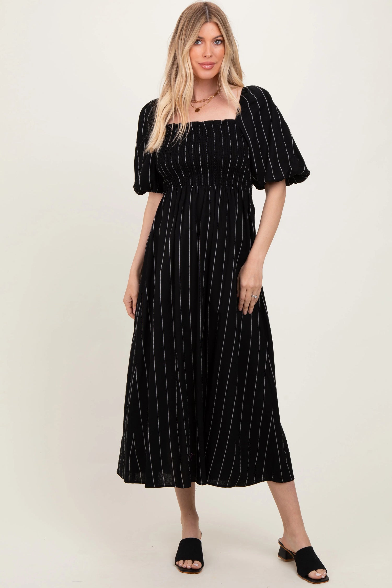 PinkBlush Chic Black Linen Stripe Midi Dress with Puff Sleeves for Fashionable Women - Apparel & Accessories > Clothing > Dresses