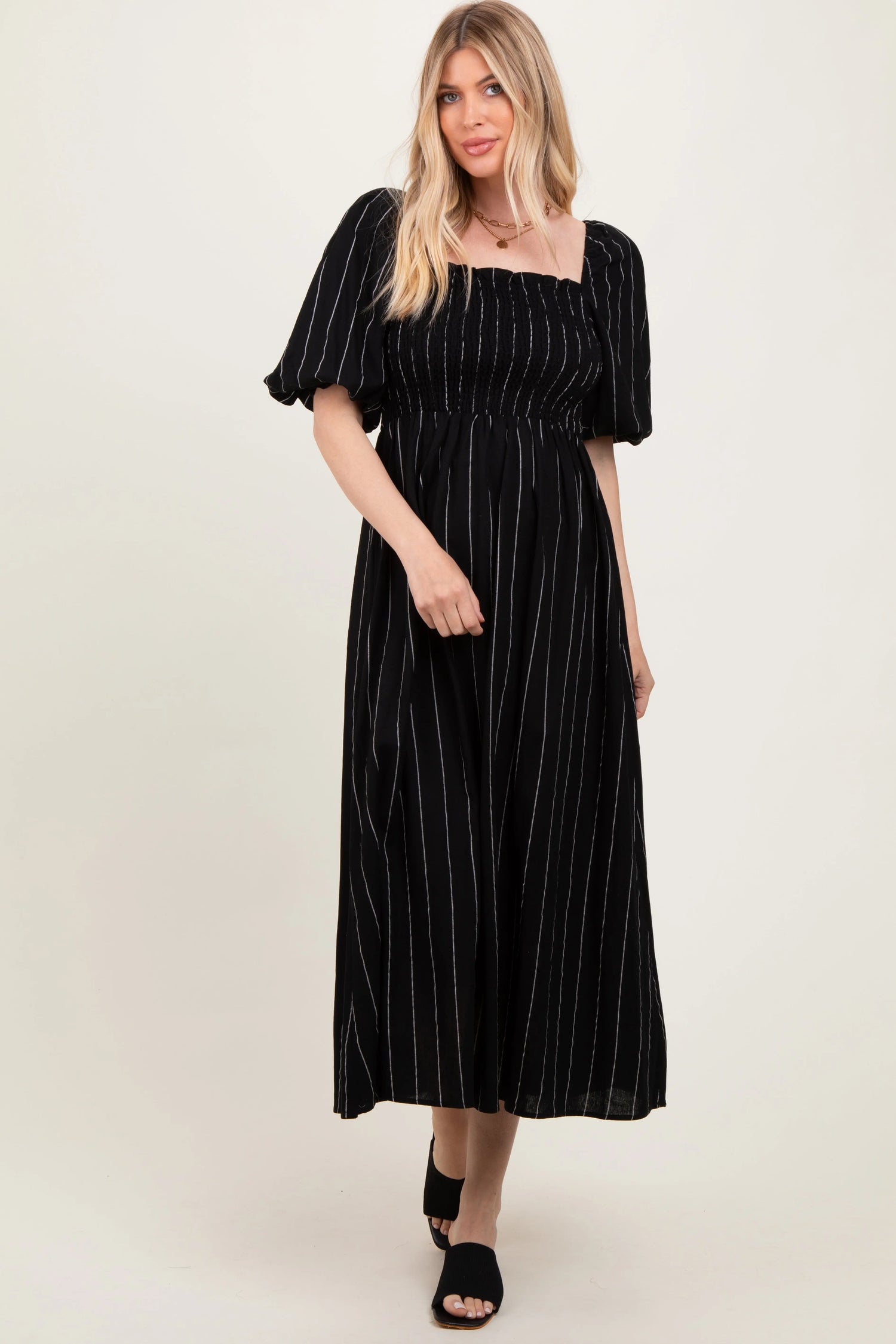 PinkBlush Chic Black Linen Stripe Midi Dress with Puff Sleeves for Fashionable Women - Apparel & Accessories > Clothing > Dresses