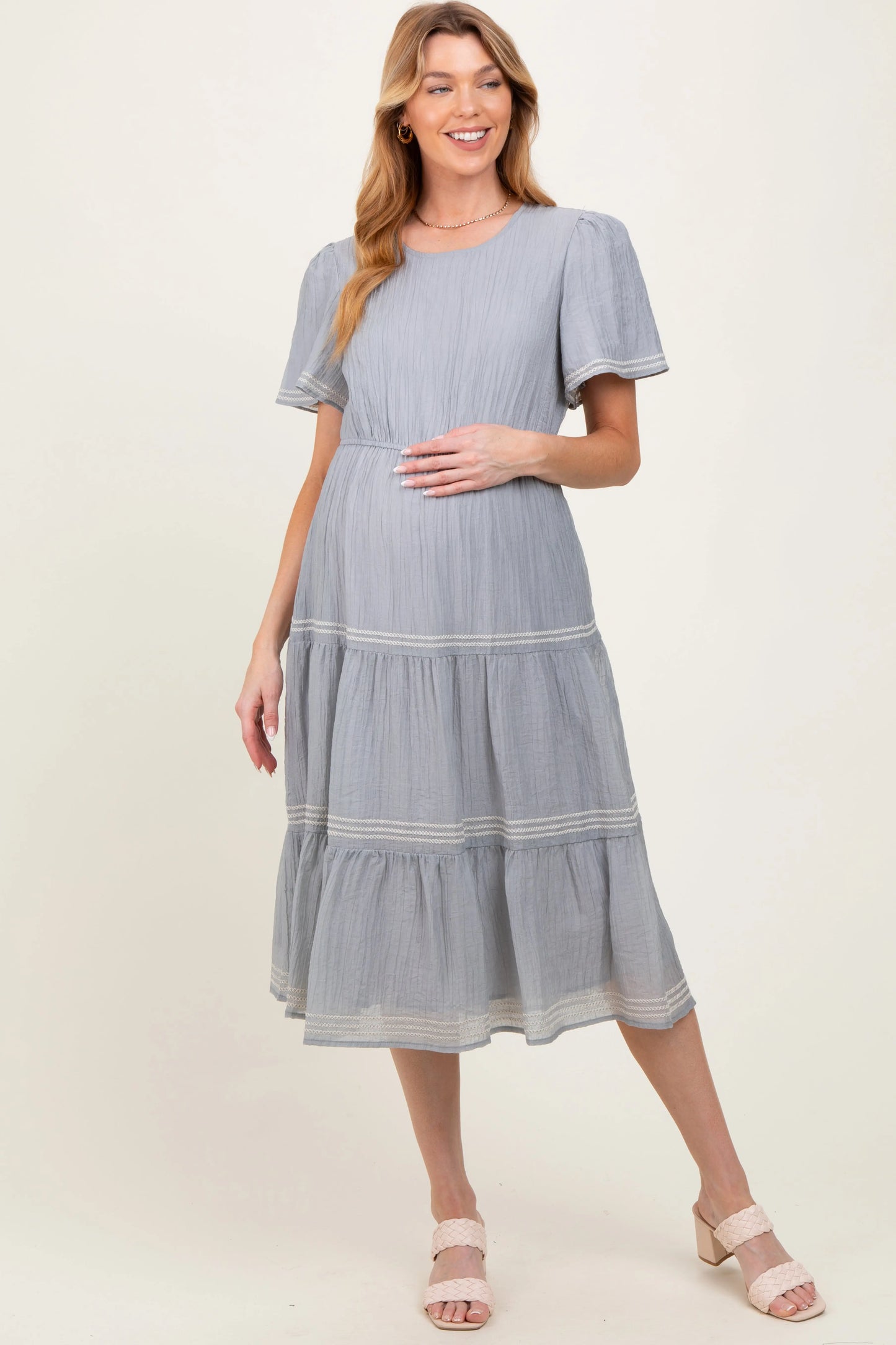 Light Blue Embroidered Tiered Maternity Midi Dress Final Sale PinkBlush