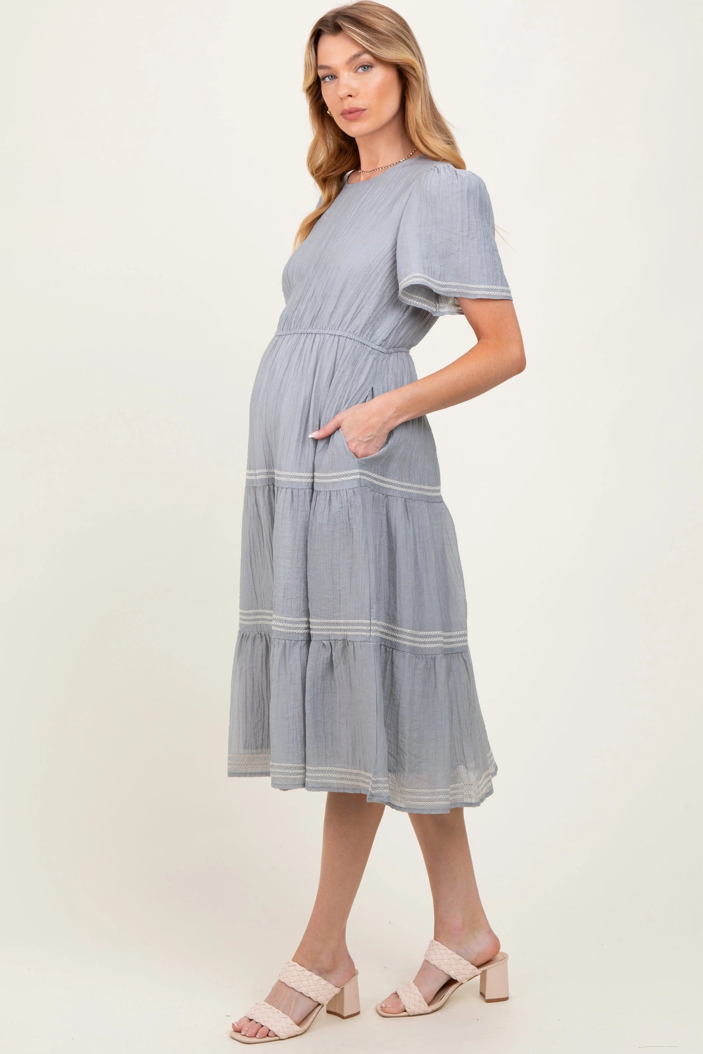 Light Blue Embroidered Tiered Maternity Midi Dress Final Sale PinkBlush