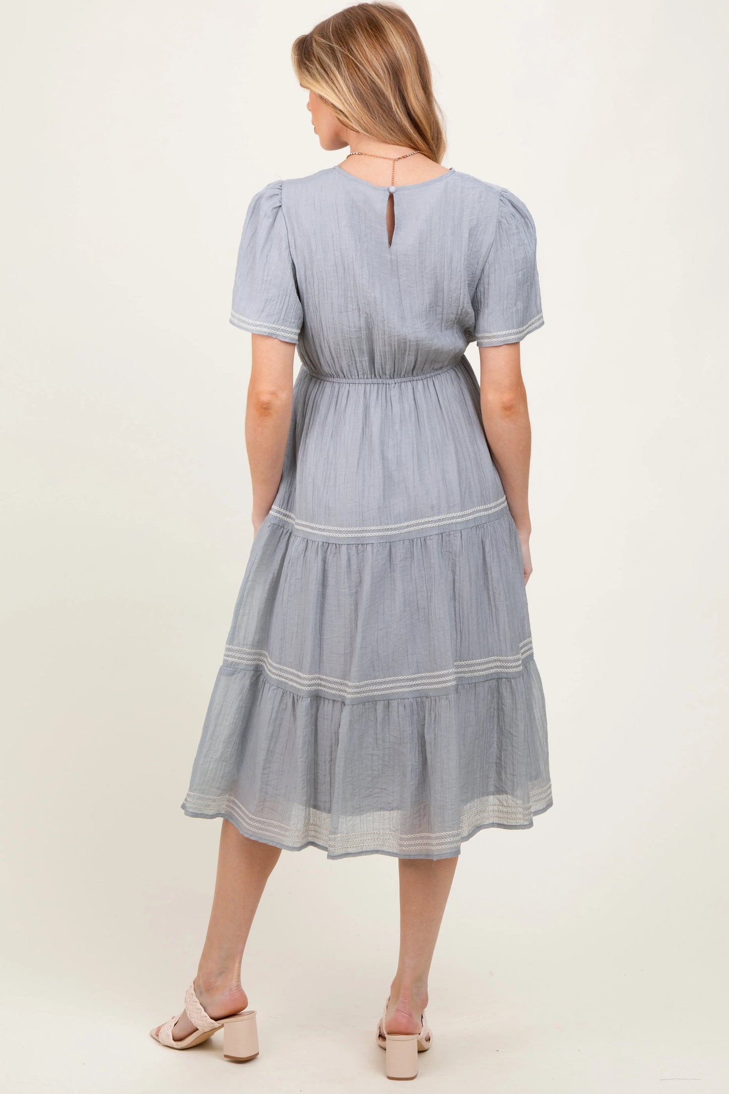 Light Blue Embroidered Tiered Maternity Midi Dress Final Sale PinkBlush