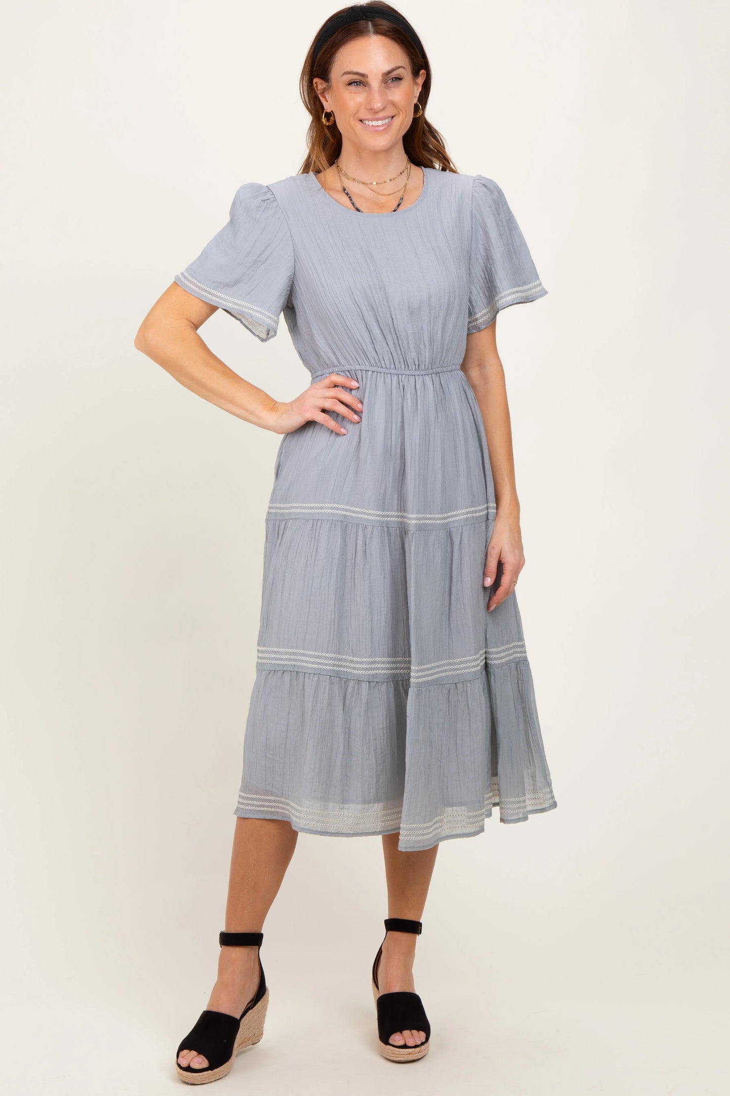 Light Blue Embroidered Tiered Maternity Midi Dress Final Sale PinkBlush