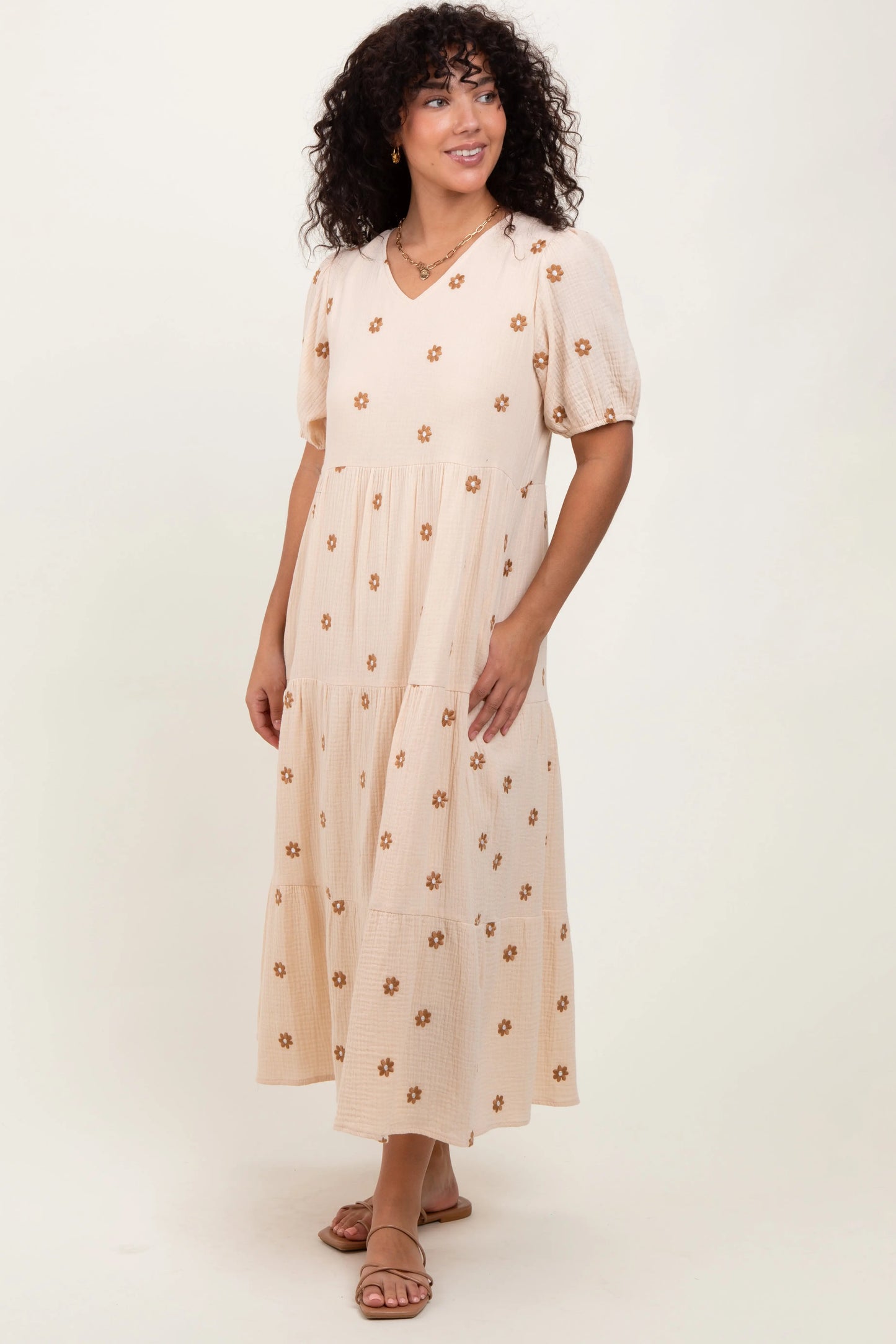 PinkBlush PinkBlush Cream Floral Embroidered Tiered Maternity Midi Dress for Moms - Apparel & Accessories > Clothing > Dresses