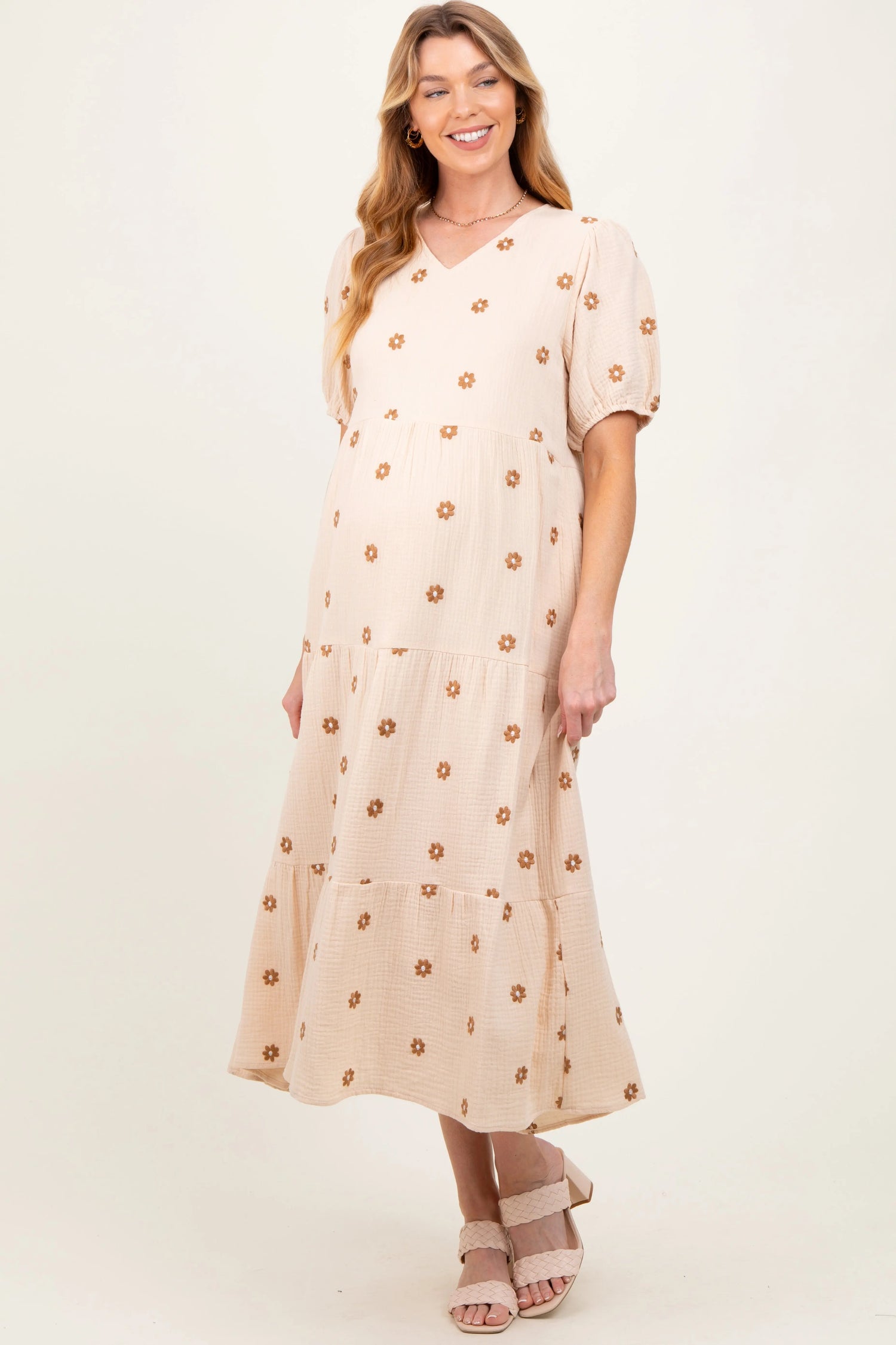 PinkBlush PinkBlush Cream Floral Embroidered Tiered Maternity Midi Dress for Moms - Apparel & Accessories > Clothing > Dresses