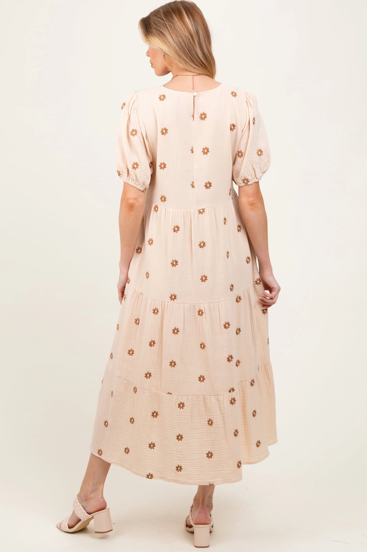 PinkBlush PinkBlush Cream Floral Embroidered Tiered Maternity Midi Dress for Moms - Apparel & Accessories > Clothing > Dresses