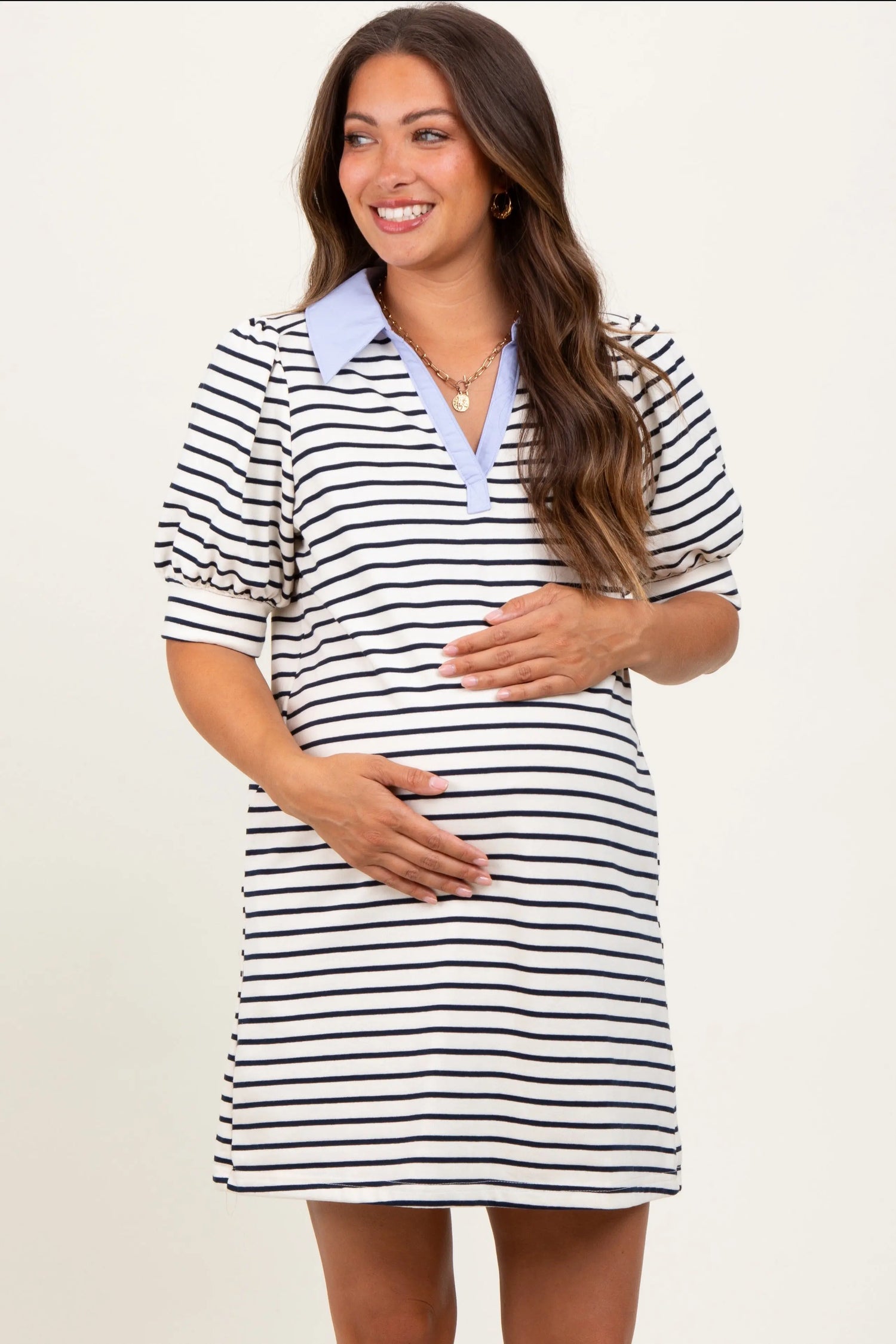 PinkBlush Elegant Maternity Dress with Striped Design for Stylish Expecting Mothers - Apparel & Accessories > Clothing > Dresses