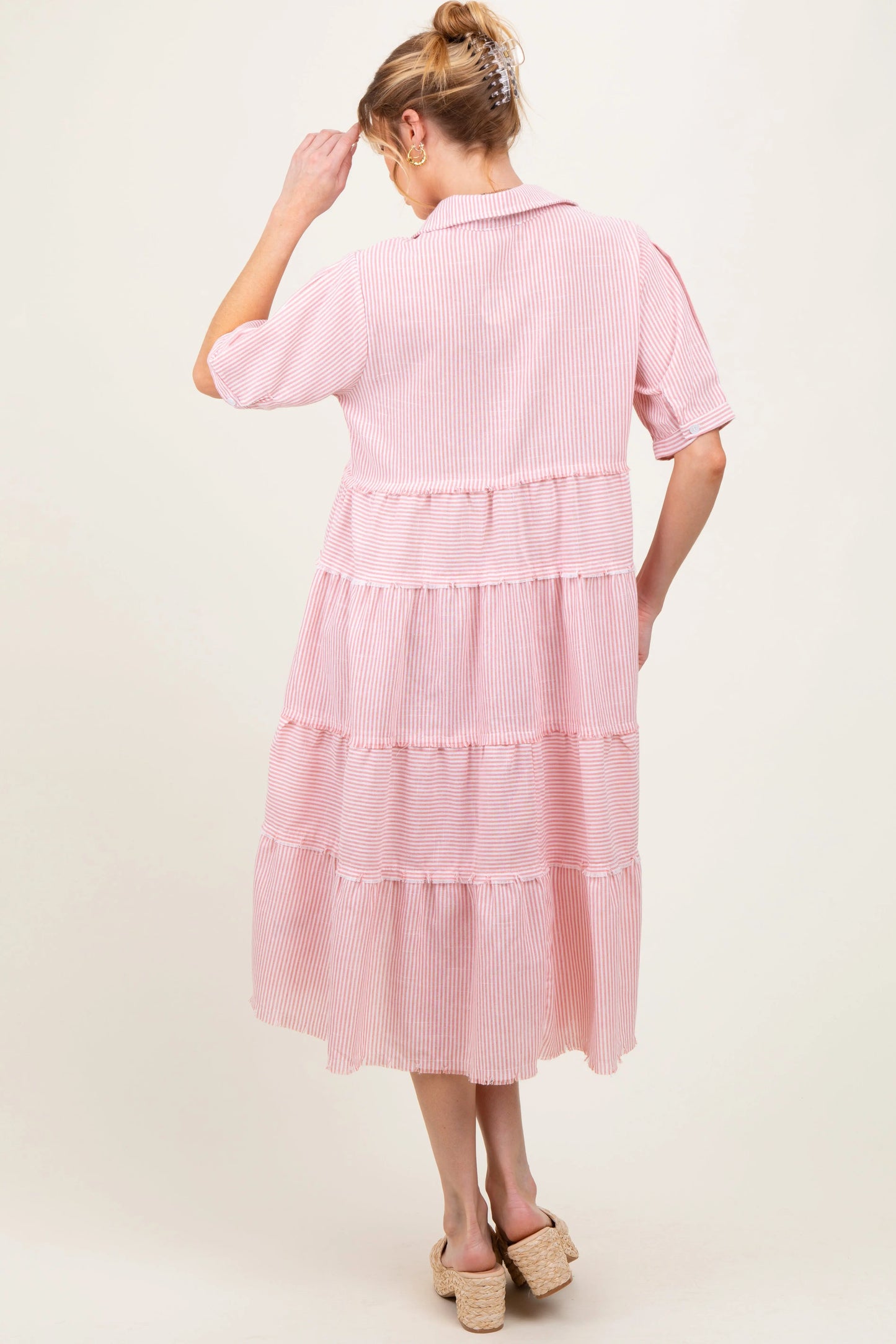 Pink Striped Tiered Raw Hem Maternity Midi Dress PinkBlush