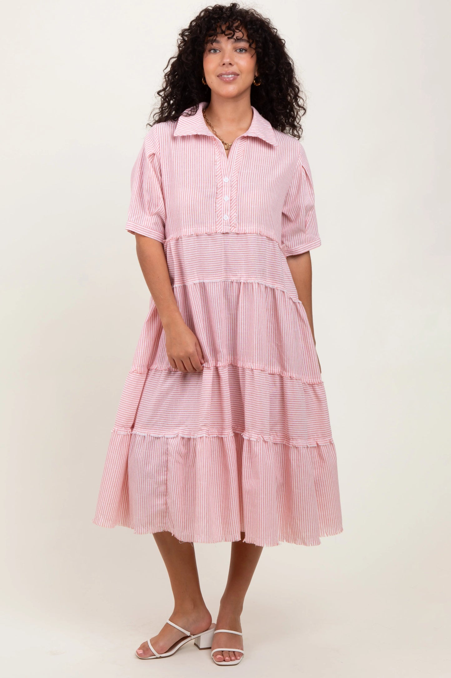 Pink Striped Tiered Raw Hem Maternity Midi Dress PinkBlush