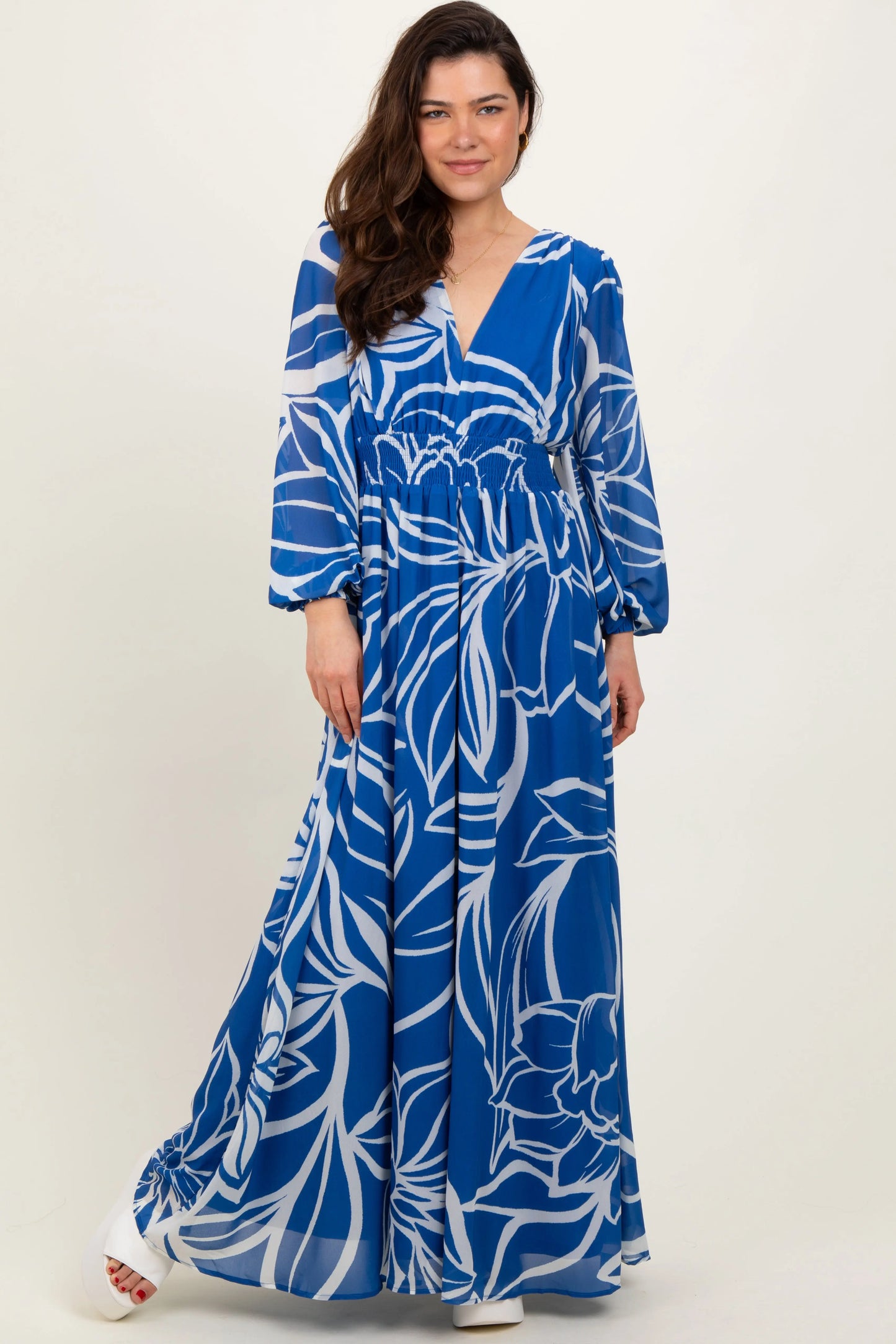 Navy Floral Smocked Waist Long Sleeve Maternity Maxi Dress PinkBlush