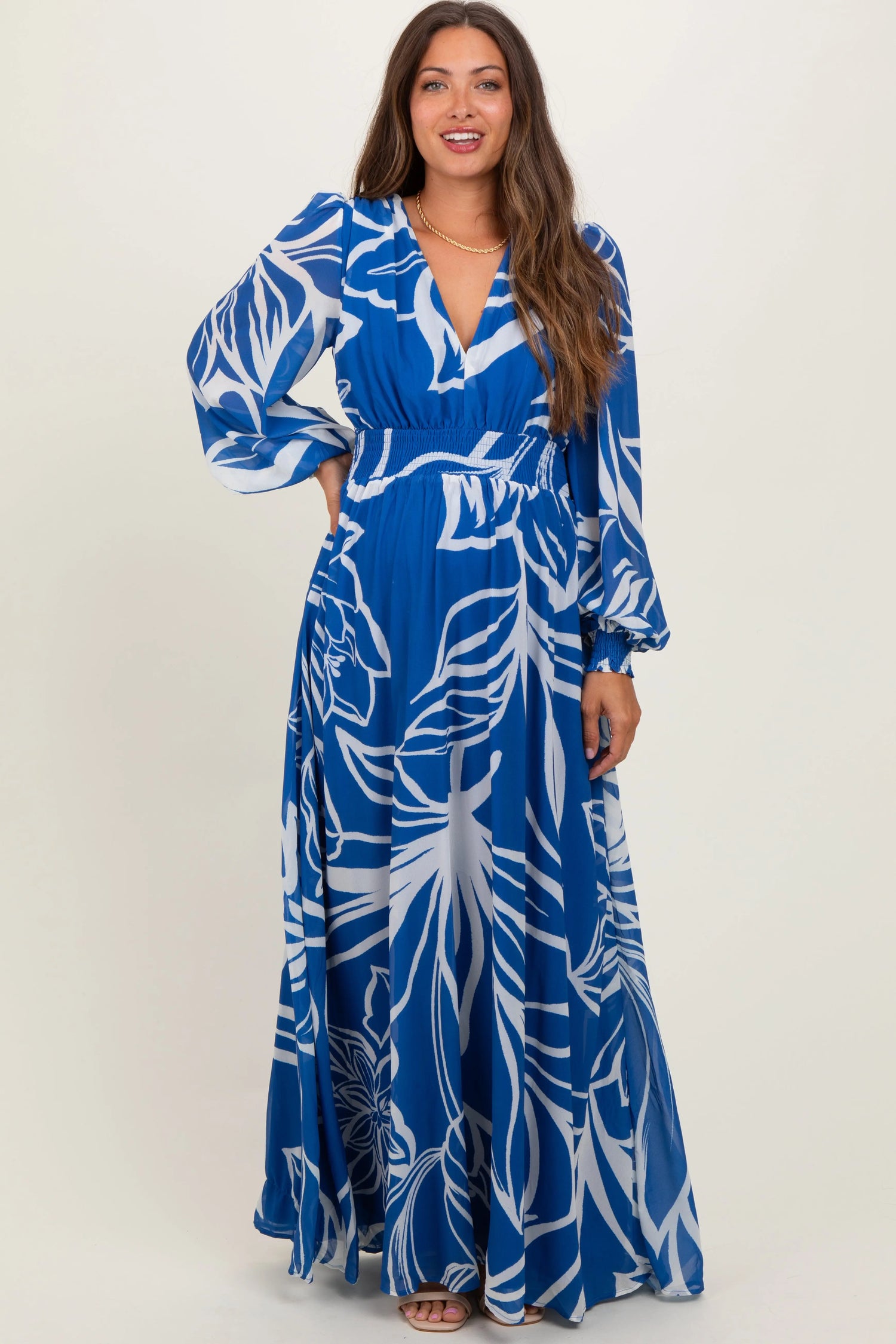 PinkBlush PinkBlush Navy Floral Smocked Waist Long Sleeve Maternity Maxi Dress - Apparel & Accessories > Clothing > Dresses
