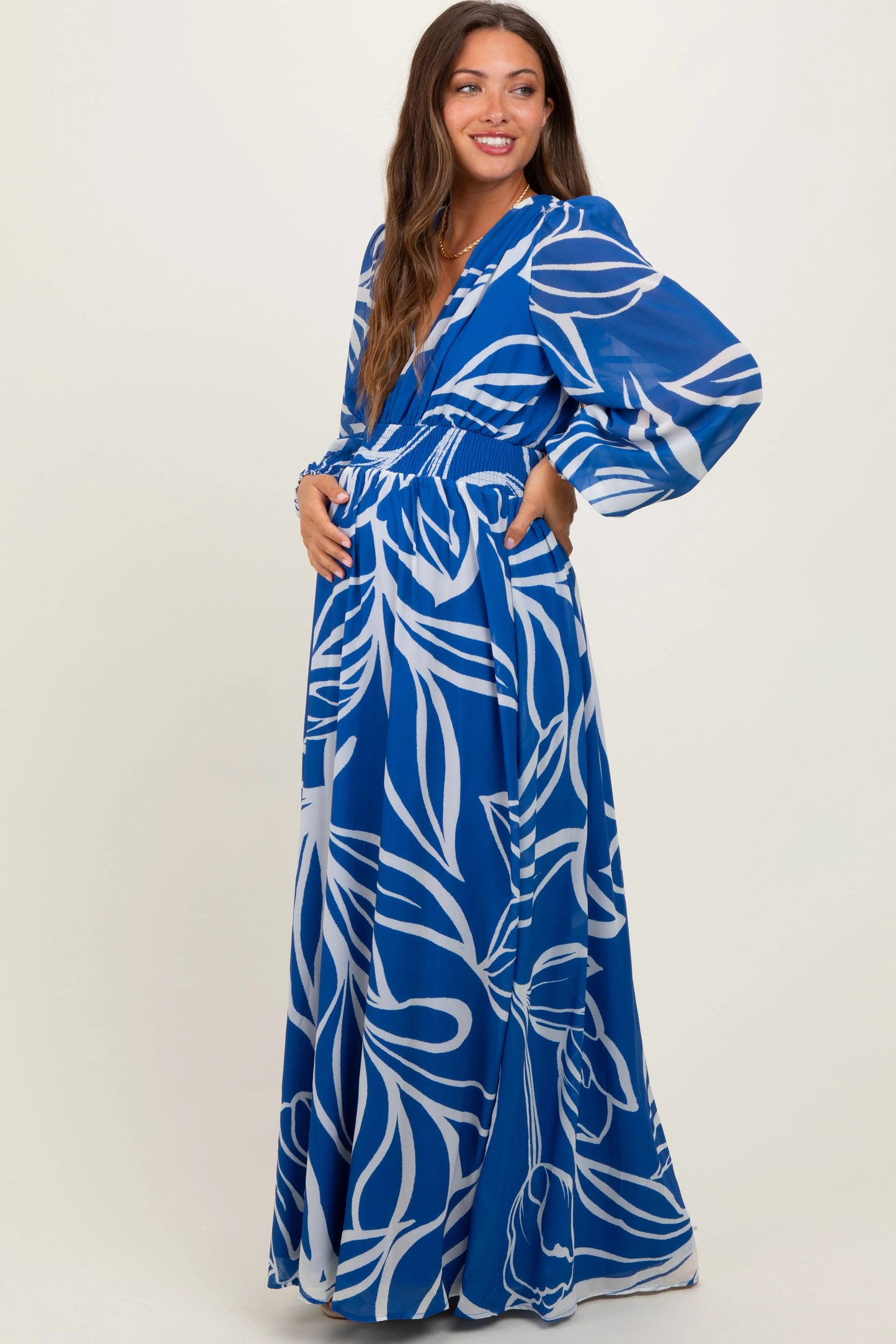 Navy Floral Smocked Waist Long Sleeve Maternity Maxi Dress PinkBlush