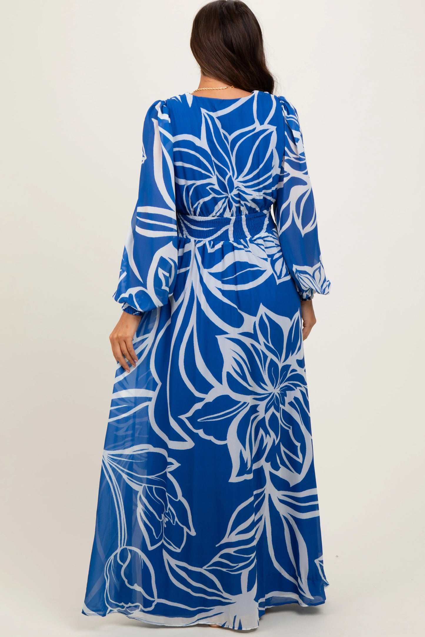 Navy Floral Smocked Waist Long Sleeve Maternity Maxi Dress PinkBlush