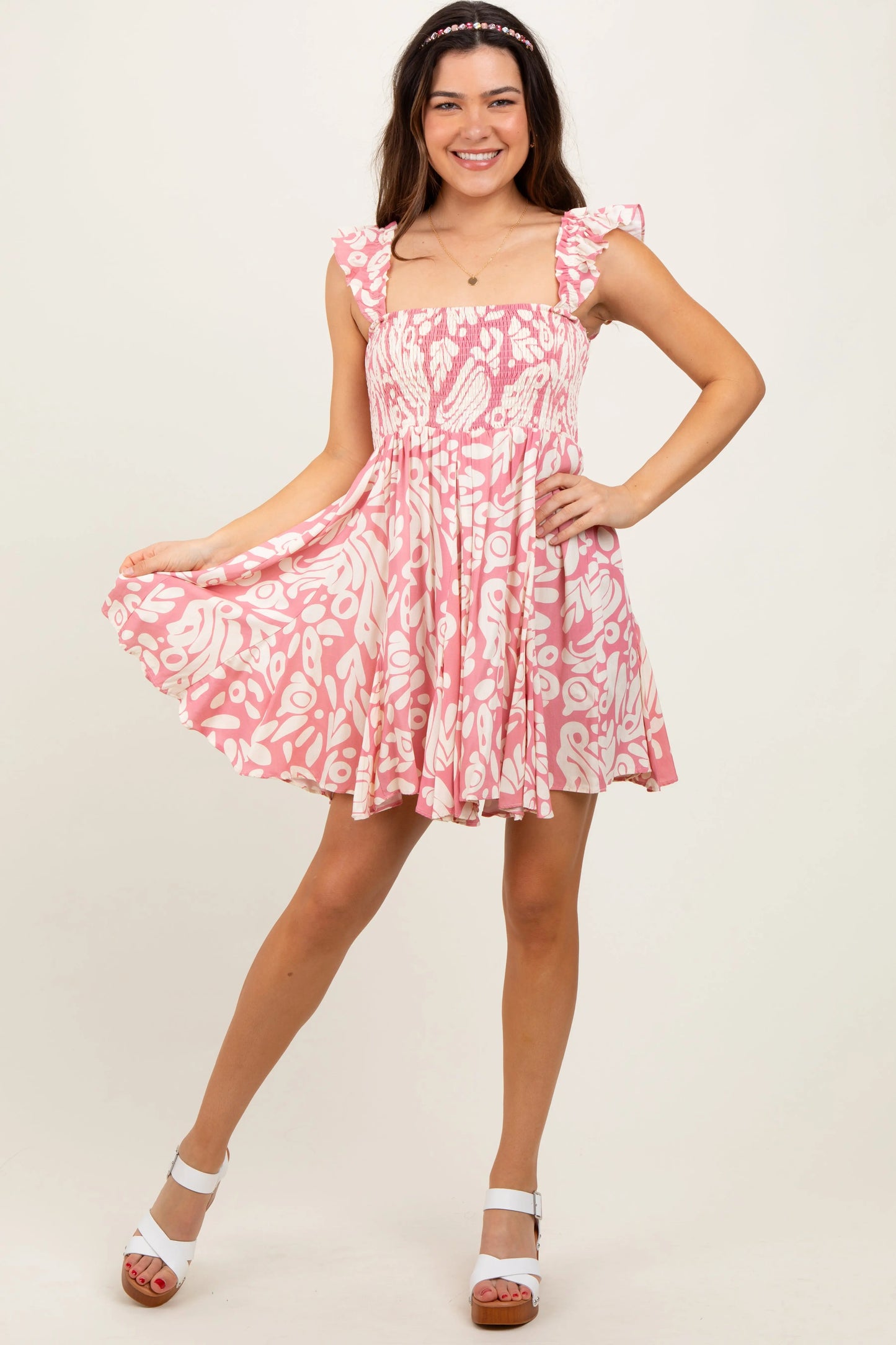 Pink Printed Smocked Ruffle Strap Dress PinkBlush