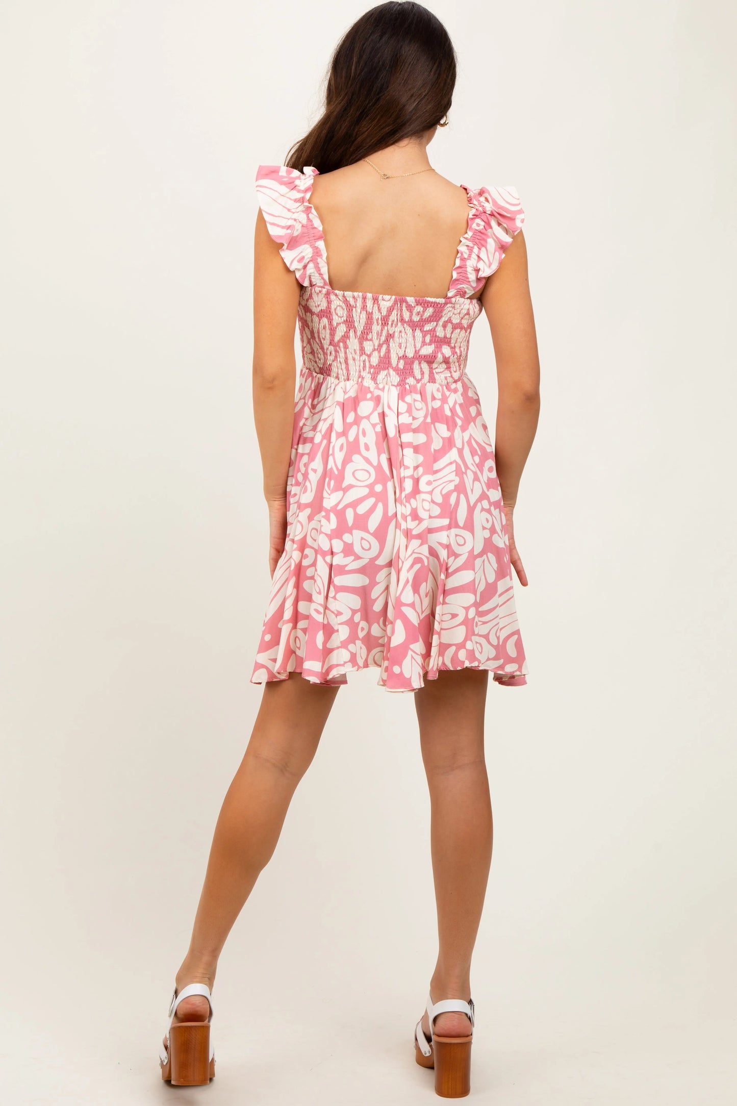 Pink Printed Smocked Ruffle Strap Dress PinkBlush