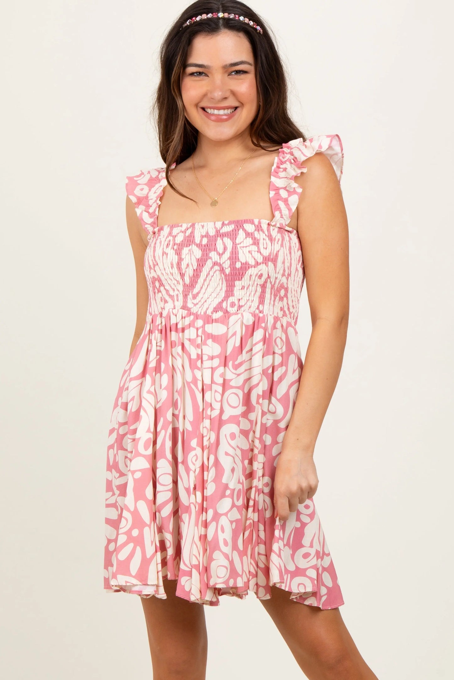 Pink Printed Smocked Ruffle Strap Dress PinkBlush