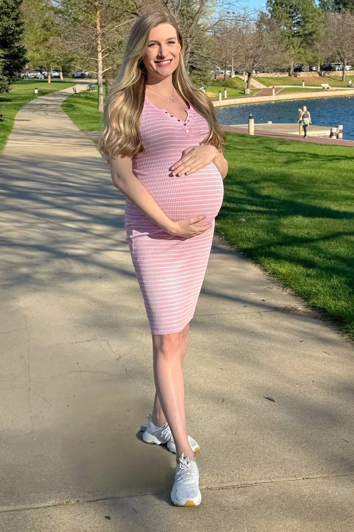 Light Pink Striped Sleeveless Fitted Maternity Midi Dress PinkBlush