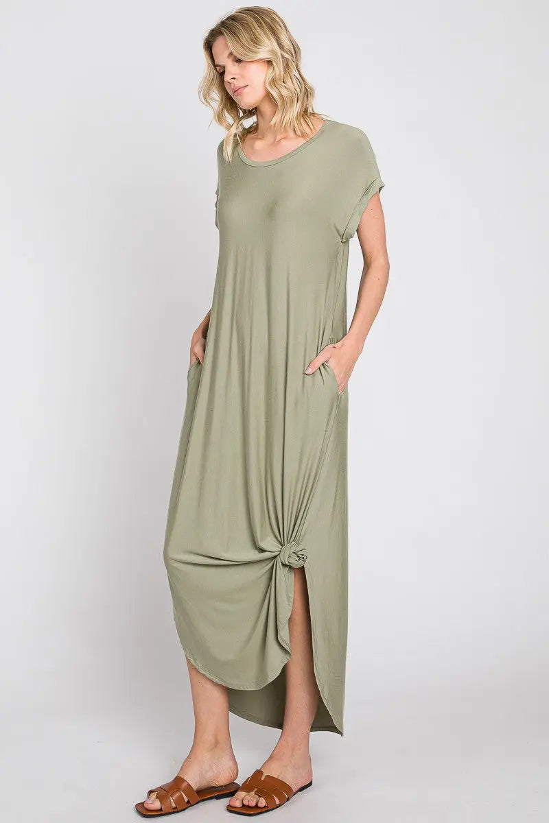 Light Olive Round Hem Side Slit Maxi Dress With Functional Pockets PinkBlush
